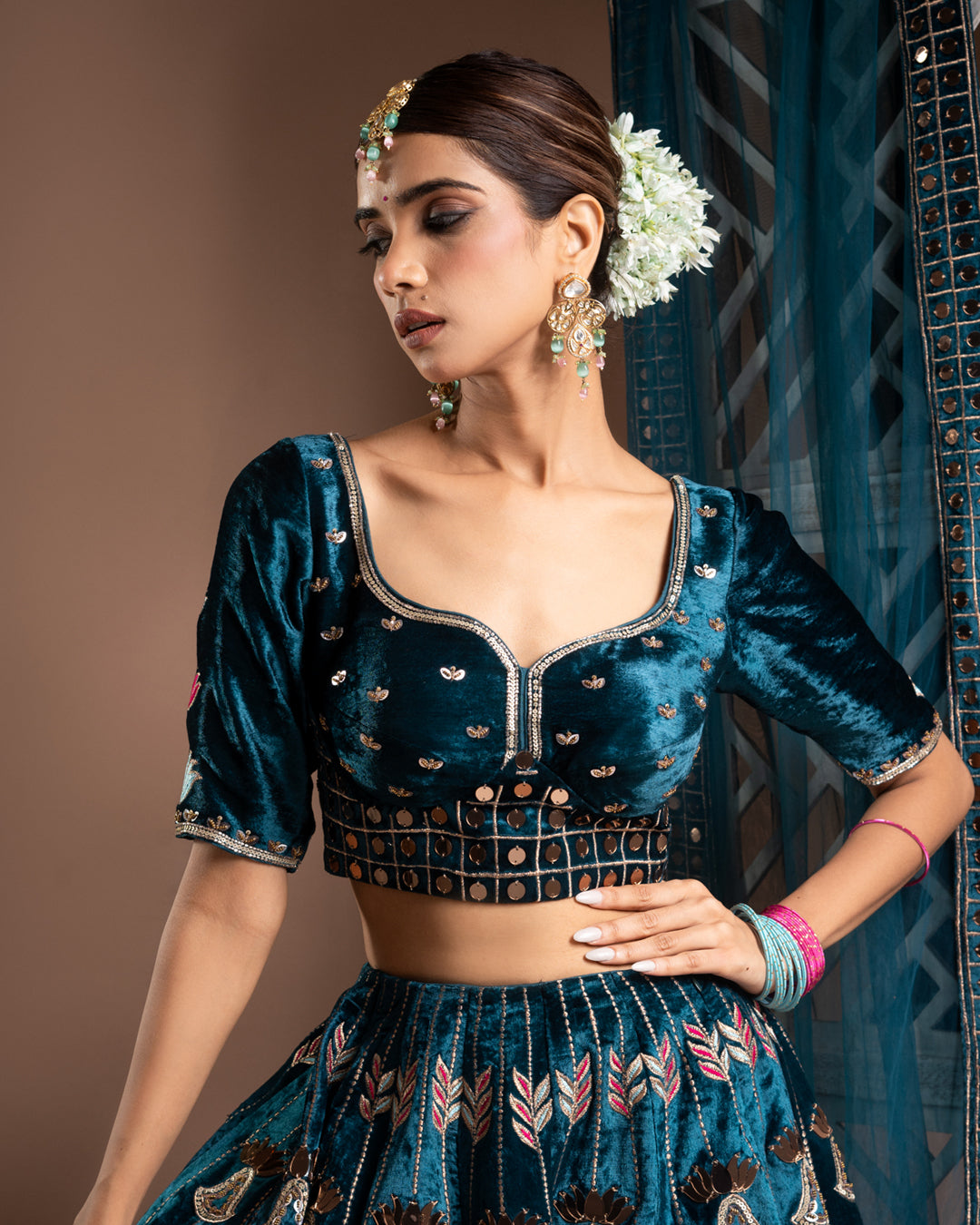 Teal Heavy Velvet Lehenga Set (Set of 3)