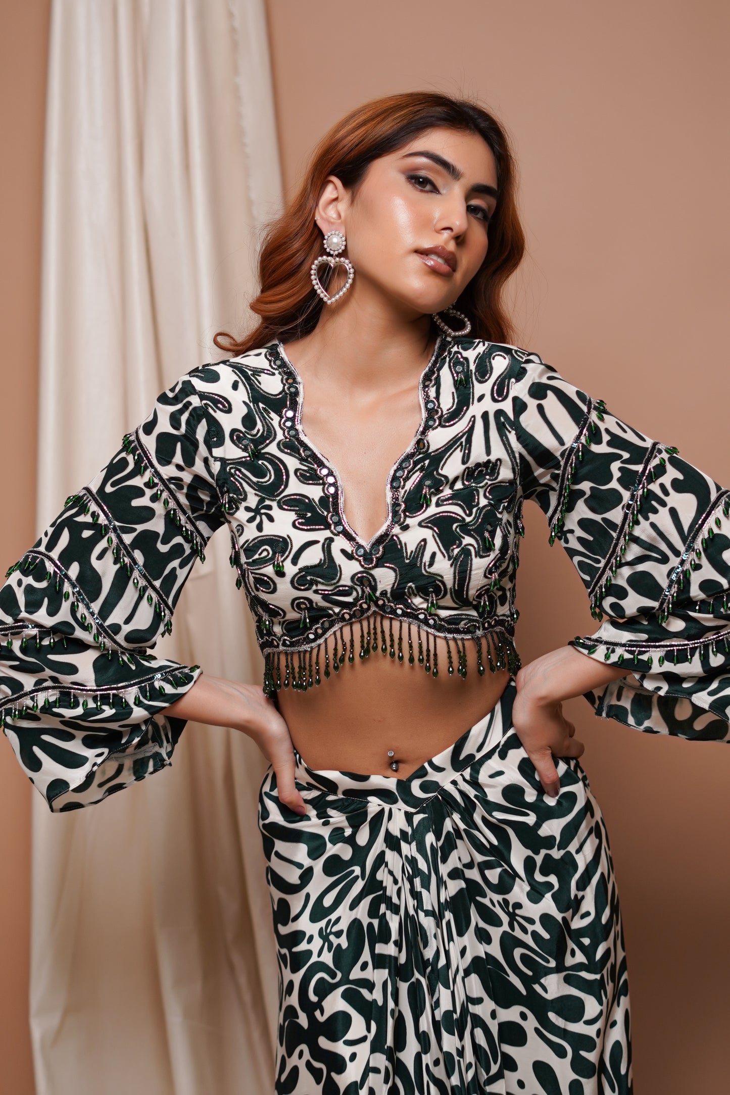 WHITE-GREEN DIGITAL PRINTED DRAPE SKIRT SET (SET OF 2)