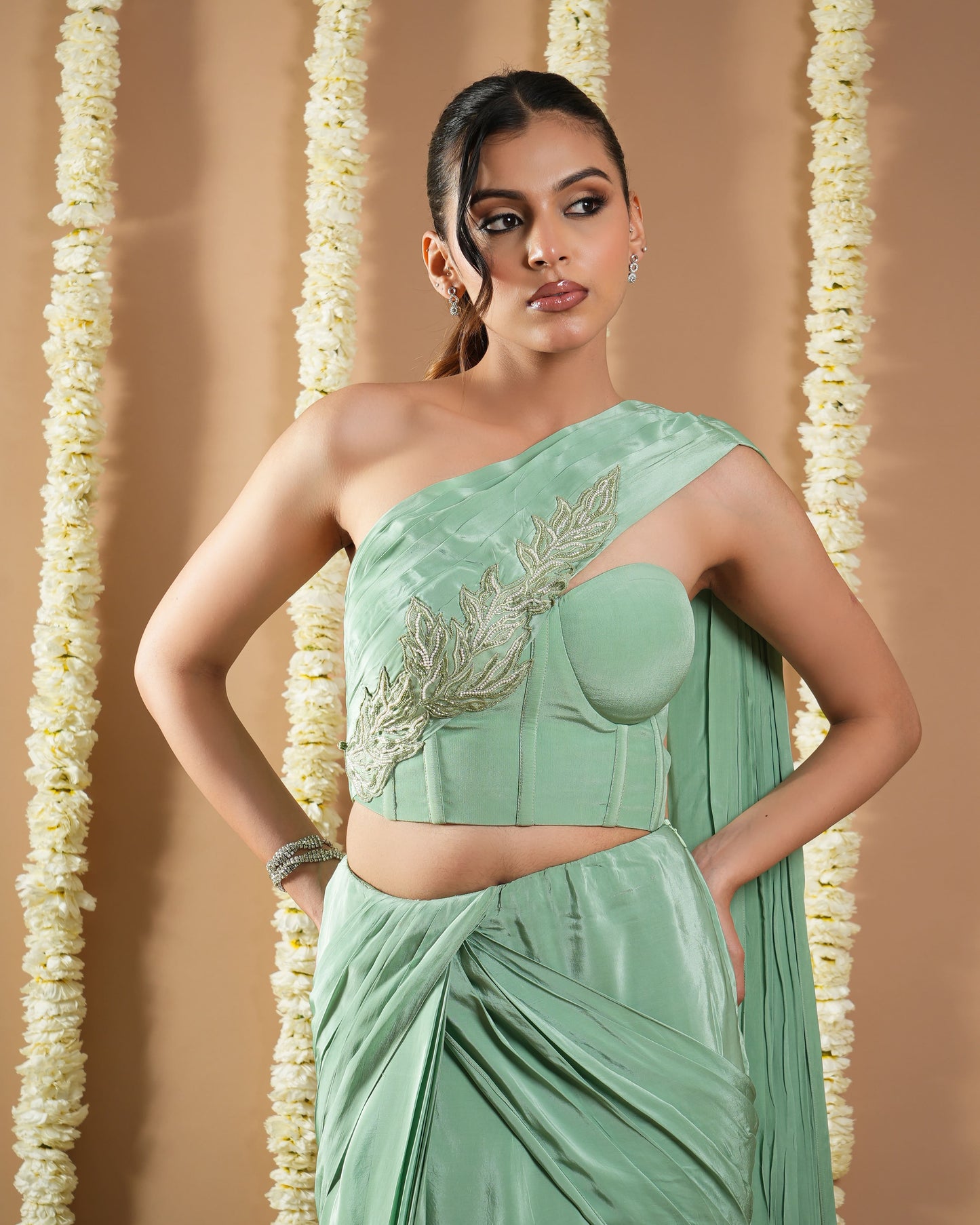 Mint Green Patchwork Corset Draped Saree (Set of 2)