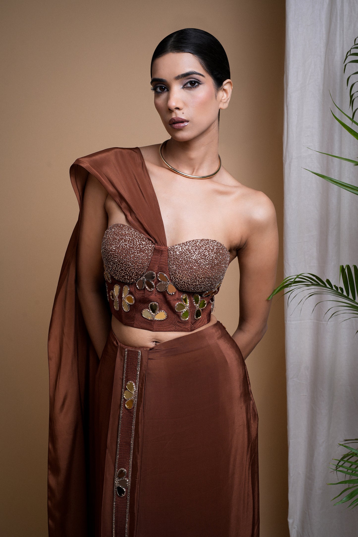 RUSTIC BROWN CORSET DRAPE SET (SET OF 2)