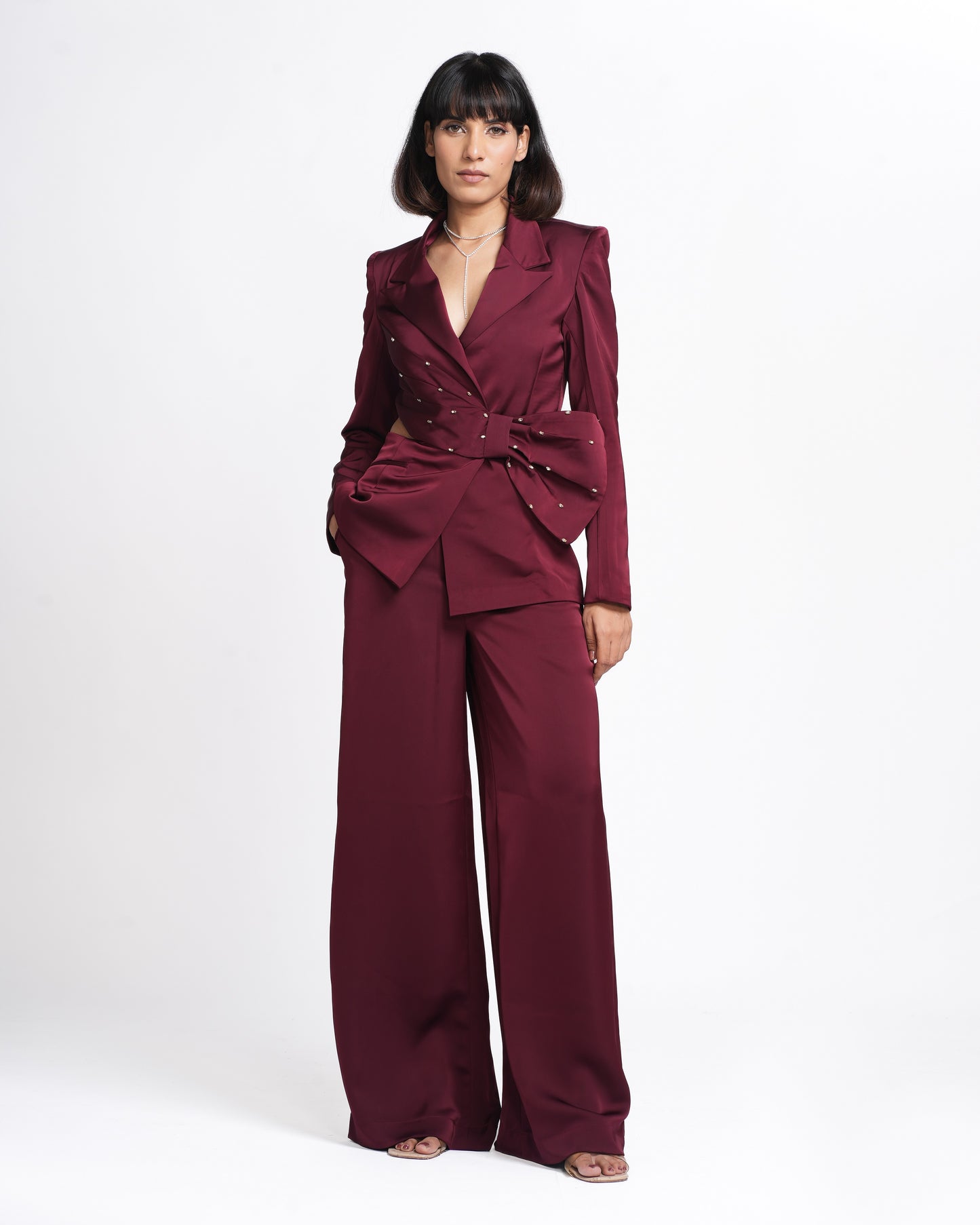 Miranda - Claret Maroon Embellished Coat and Pant Set ( Set of 2 )