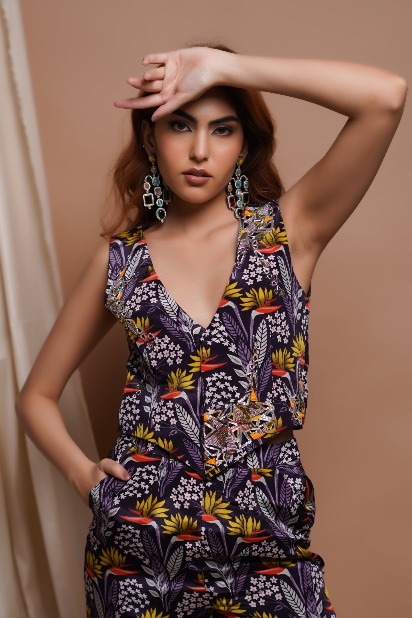 VIOLET PRINTED VEST COAT AND PANT/PALAZZO SET (SET OF 2)