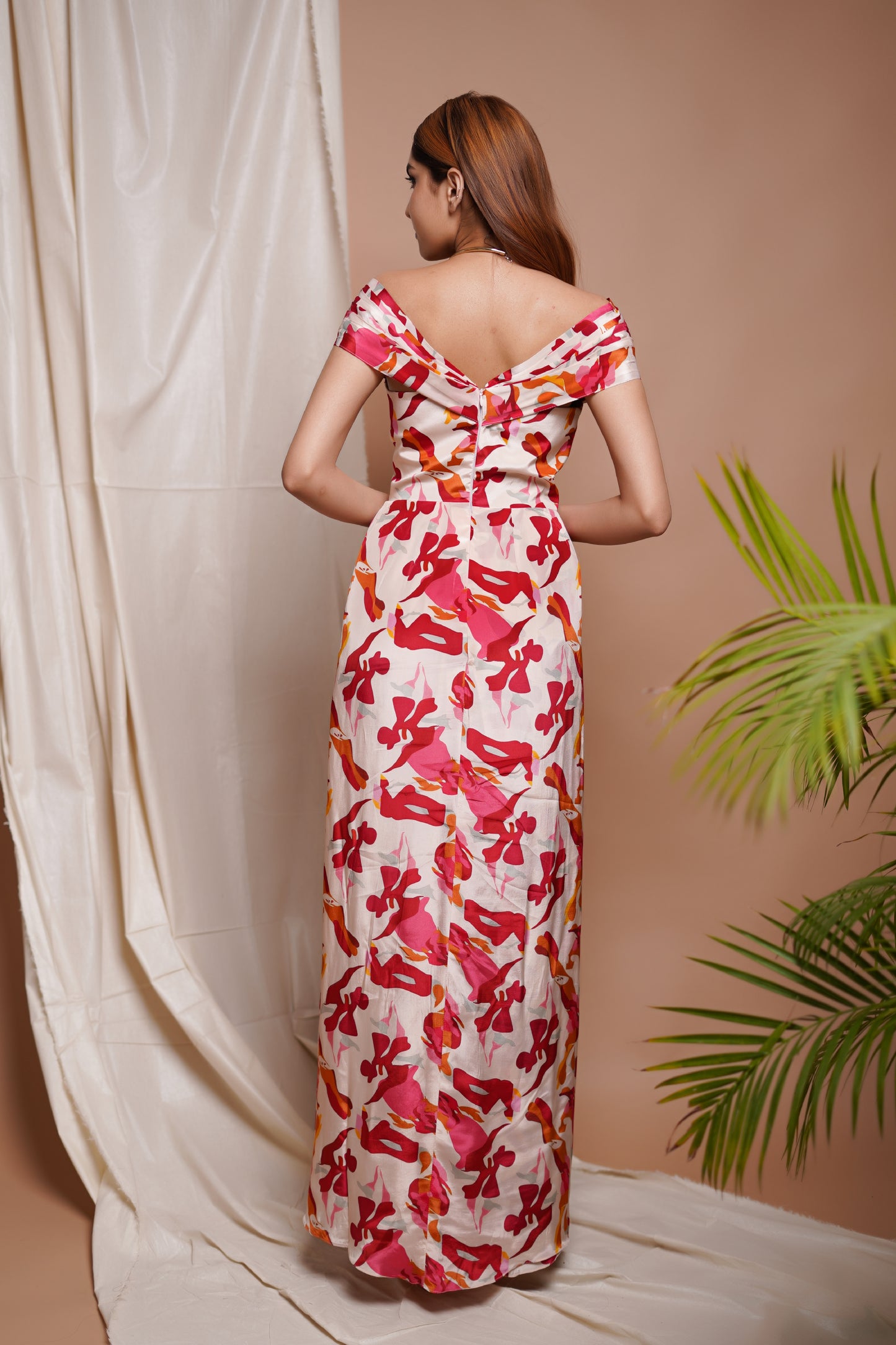 CREAM ABSTRACT OFF SHOULDER CORSET DRAPE DRESS