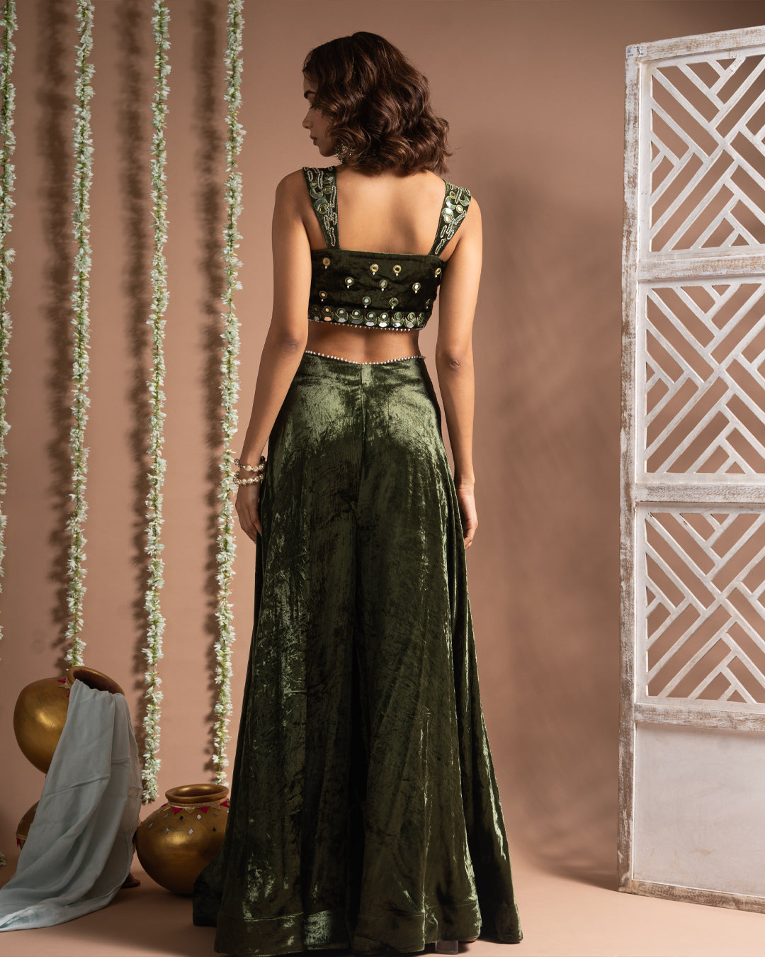 Green Velvet Indo Palazzo Set (Set of 2)