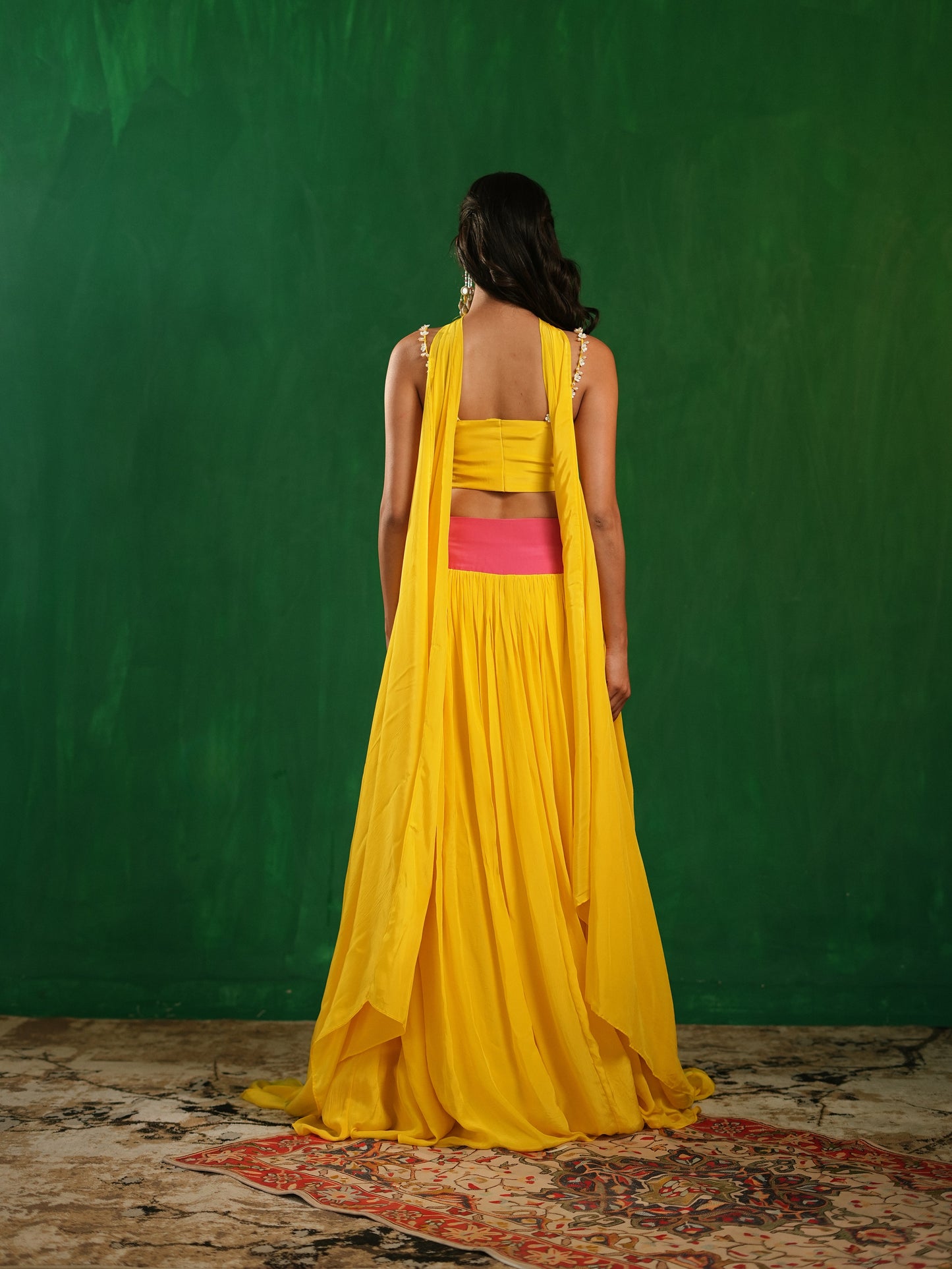 Yellow-Rose Pink Indo Lehenga Set (Set of 3)