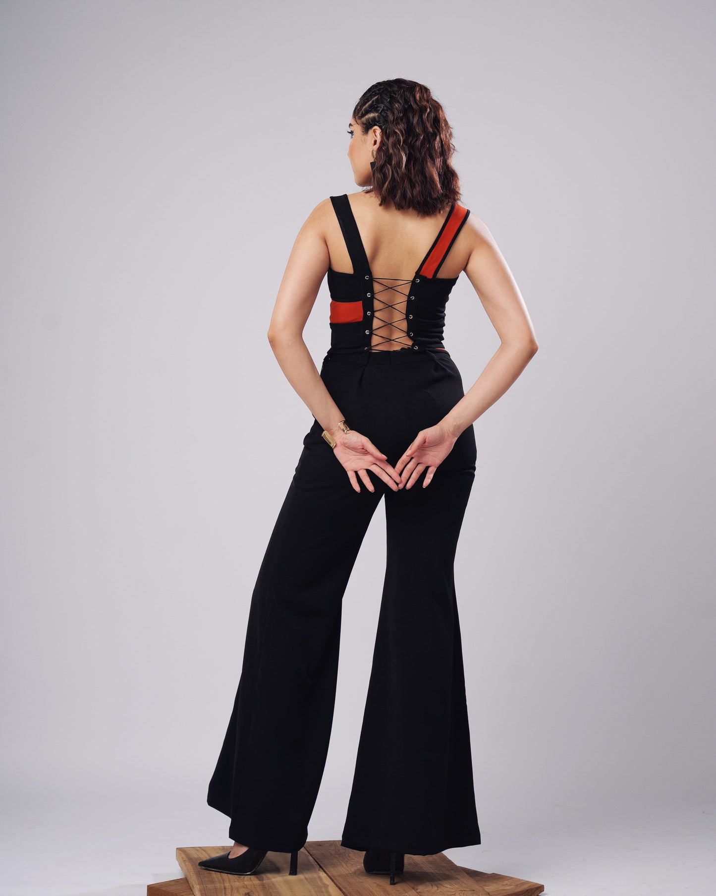 Helen - Black & Rust Sculpted Corset Top With Flared Trouser