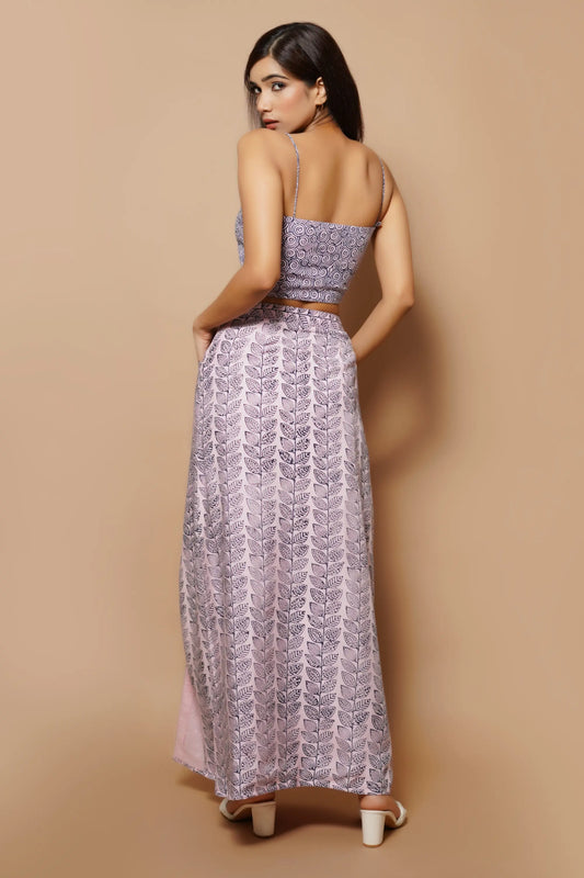 Pink and blue Block printed long skirt co-ord