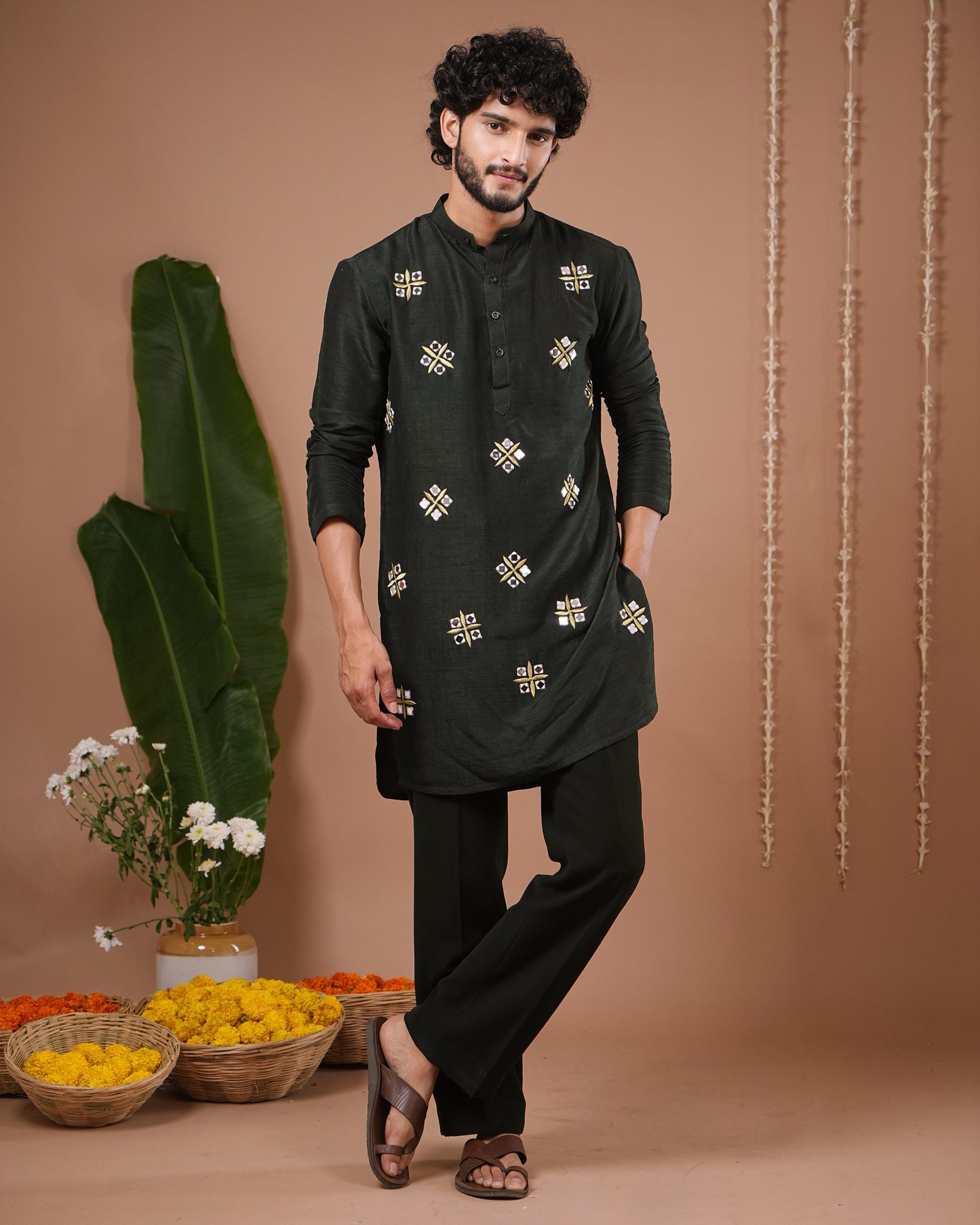 Olive Green Heavy Kurta + Sheer Jacket + Pant Set (Set of 3)