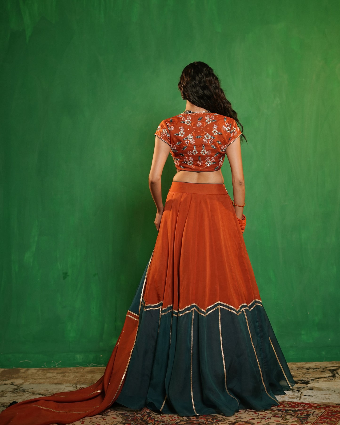Rust-Teal Heavy Patchwork Lehenga Set (Set of 3)