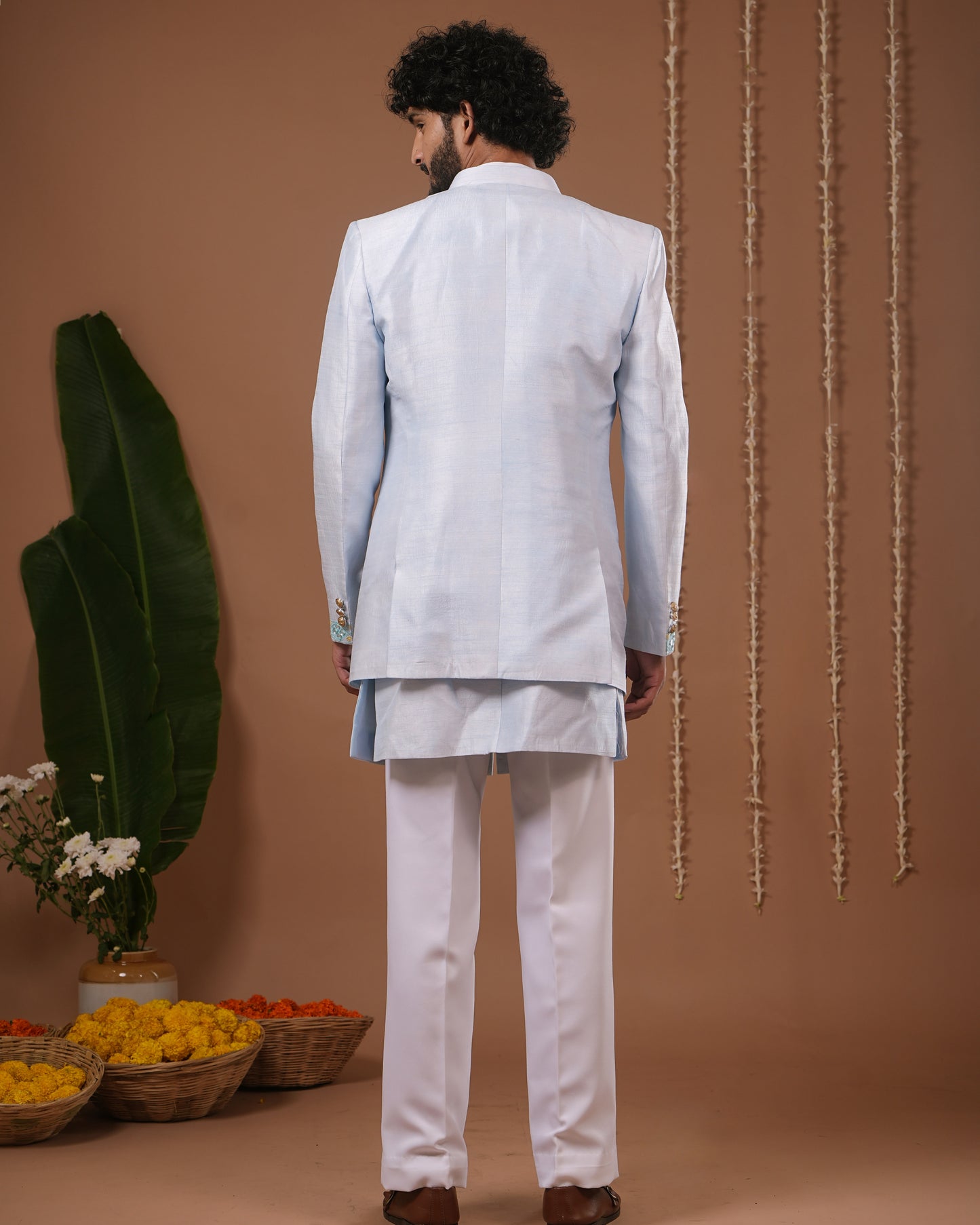 Sky Blue Open Jacket + Jodhpuri Indo Set (Set of 3)