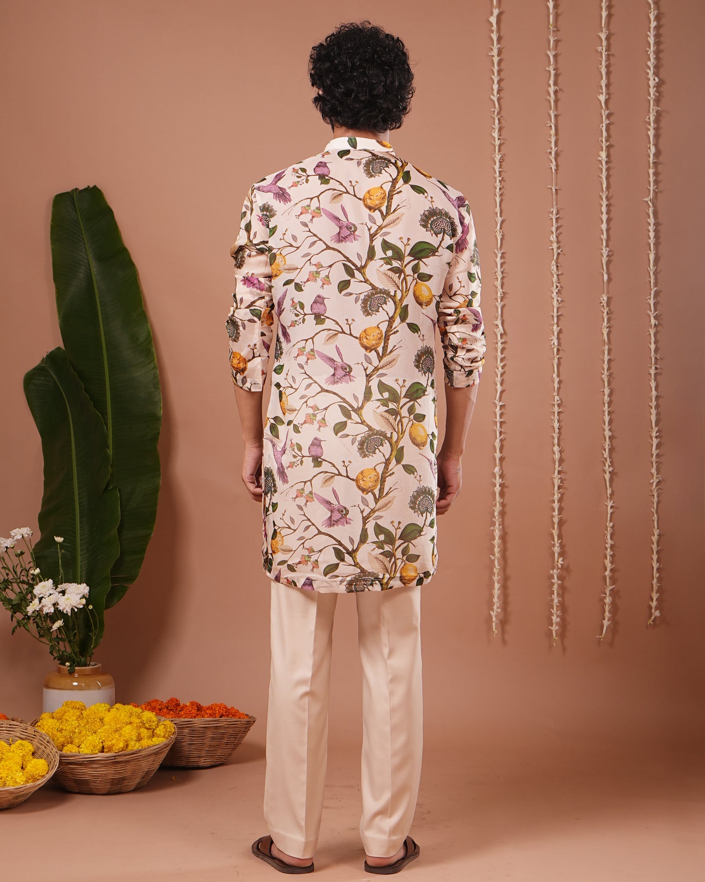 Cream Lemon Printed Organza Kurta + Pant Set (Set of 2)