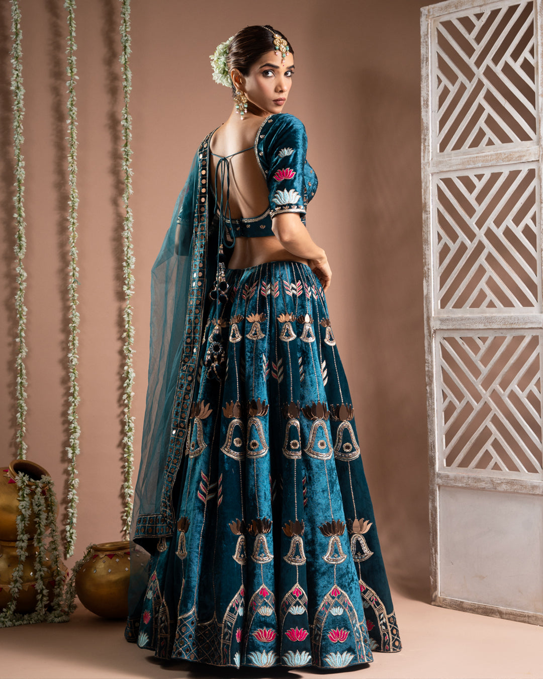 Teal Heavy Velvet Lehenga Set (Set of 3)