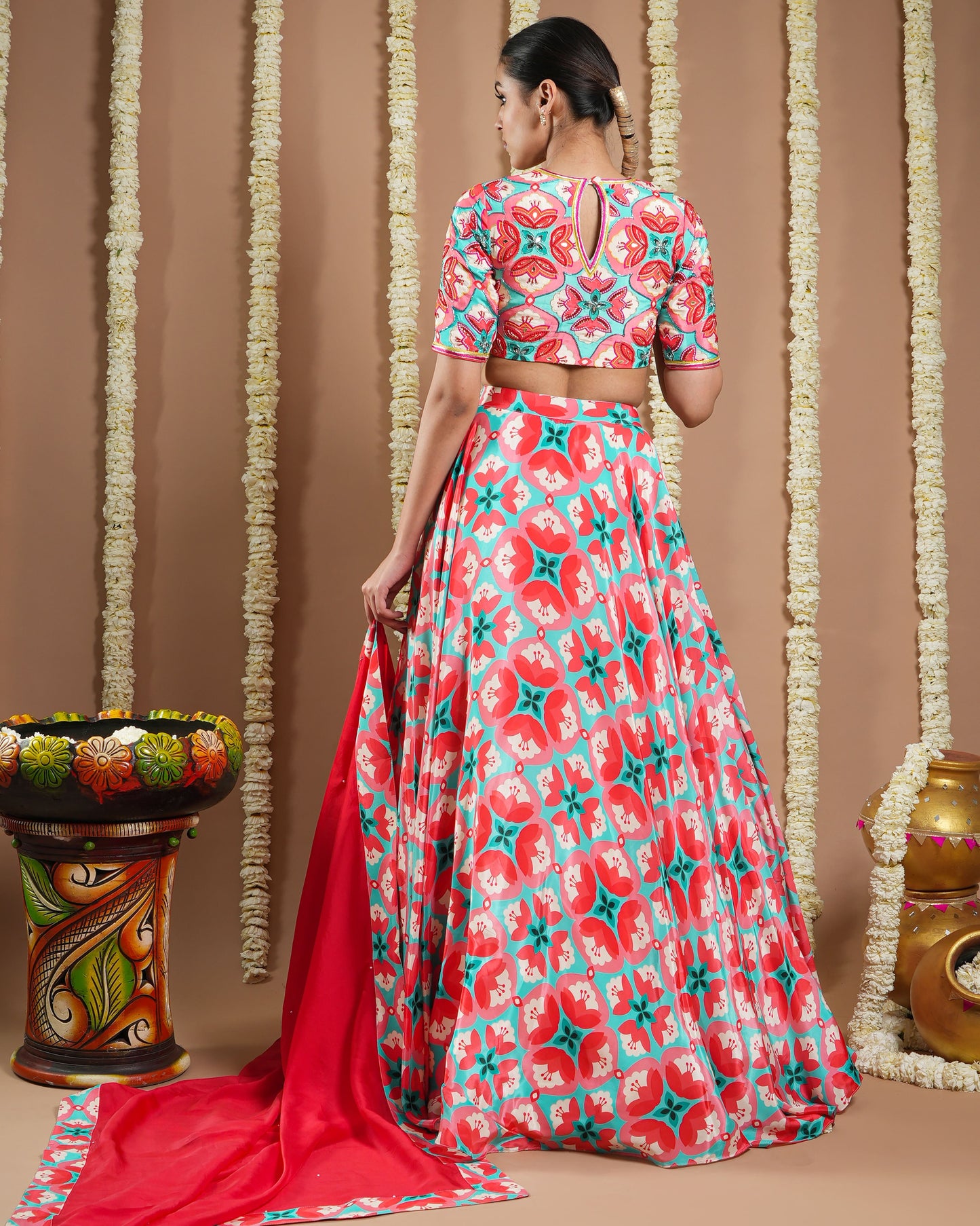 Red Tile Printed Heavy Lehenga Set (Set Of 3)