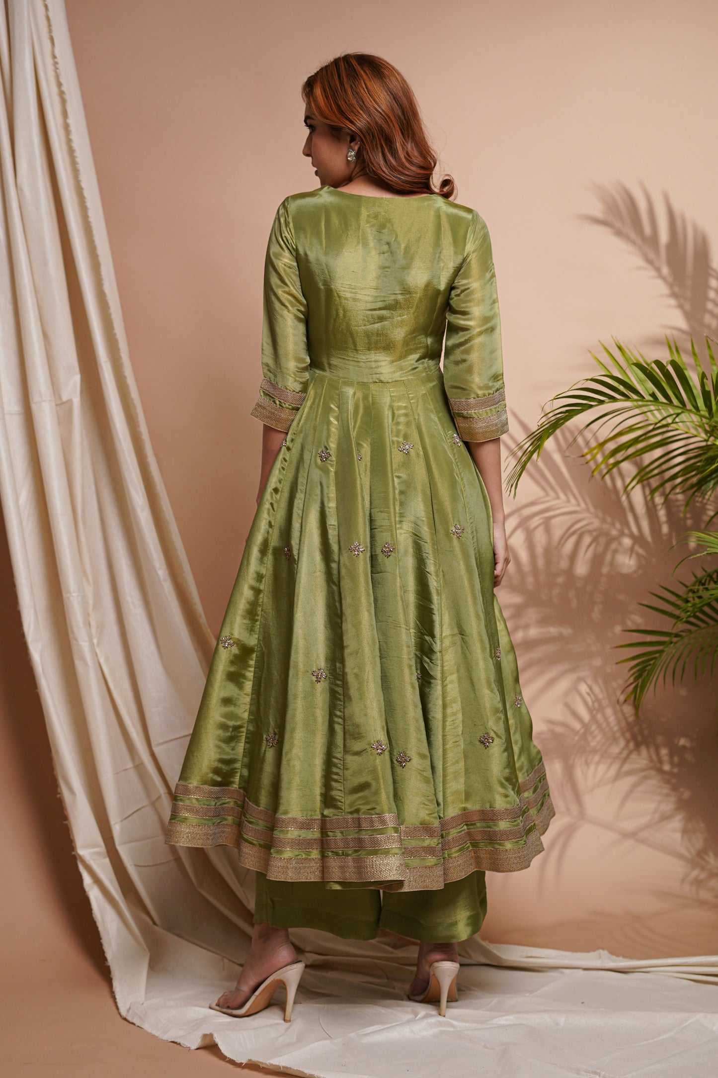 GREEN PURPLE TISSUE SILK ANGRAKHA ANARKALI SET (SET OF 3)