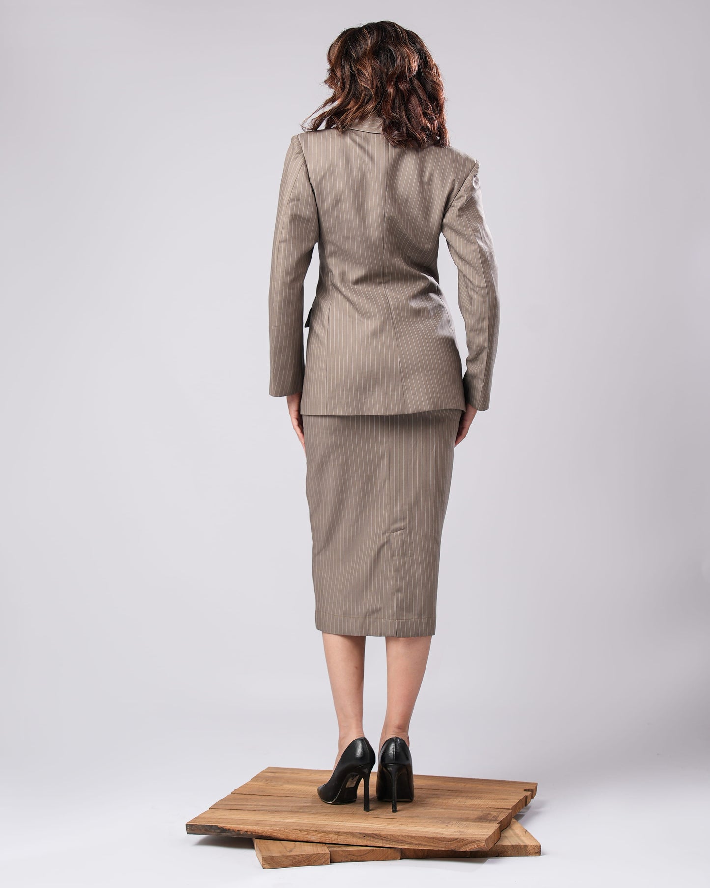 Cecilia - Taupe Pin Stripe Power Skirt Suit (SET OF 2)