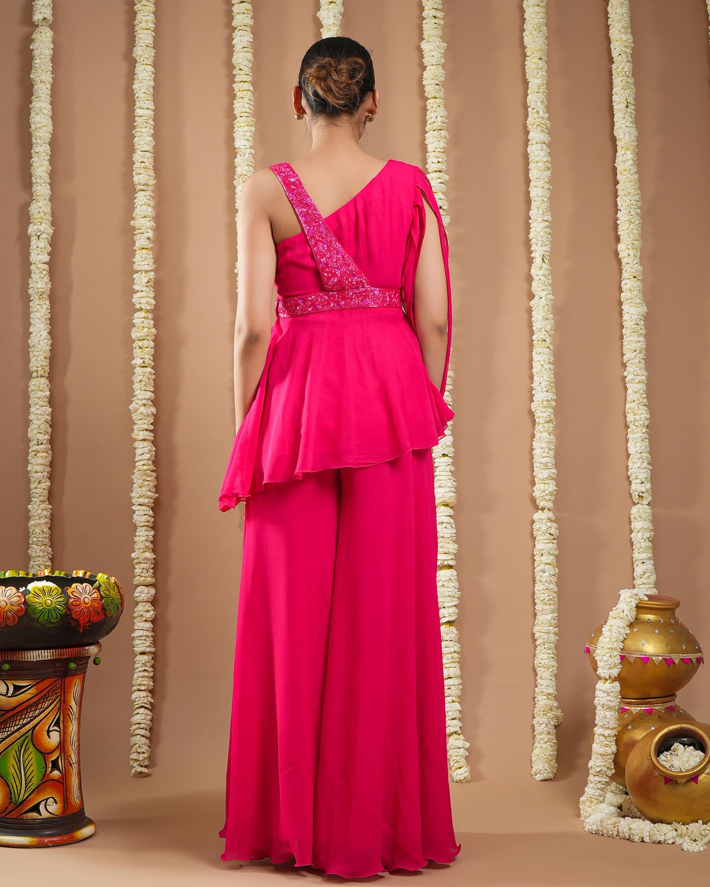 Hot Pink Georgette Short a-Line Kurti With Belt (Set Of 3)