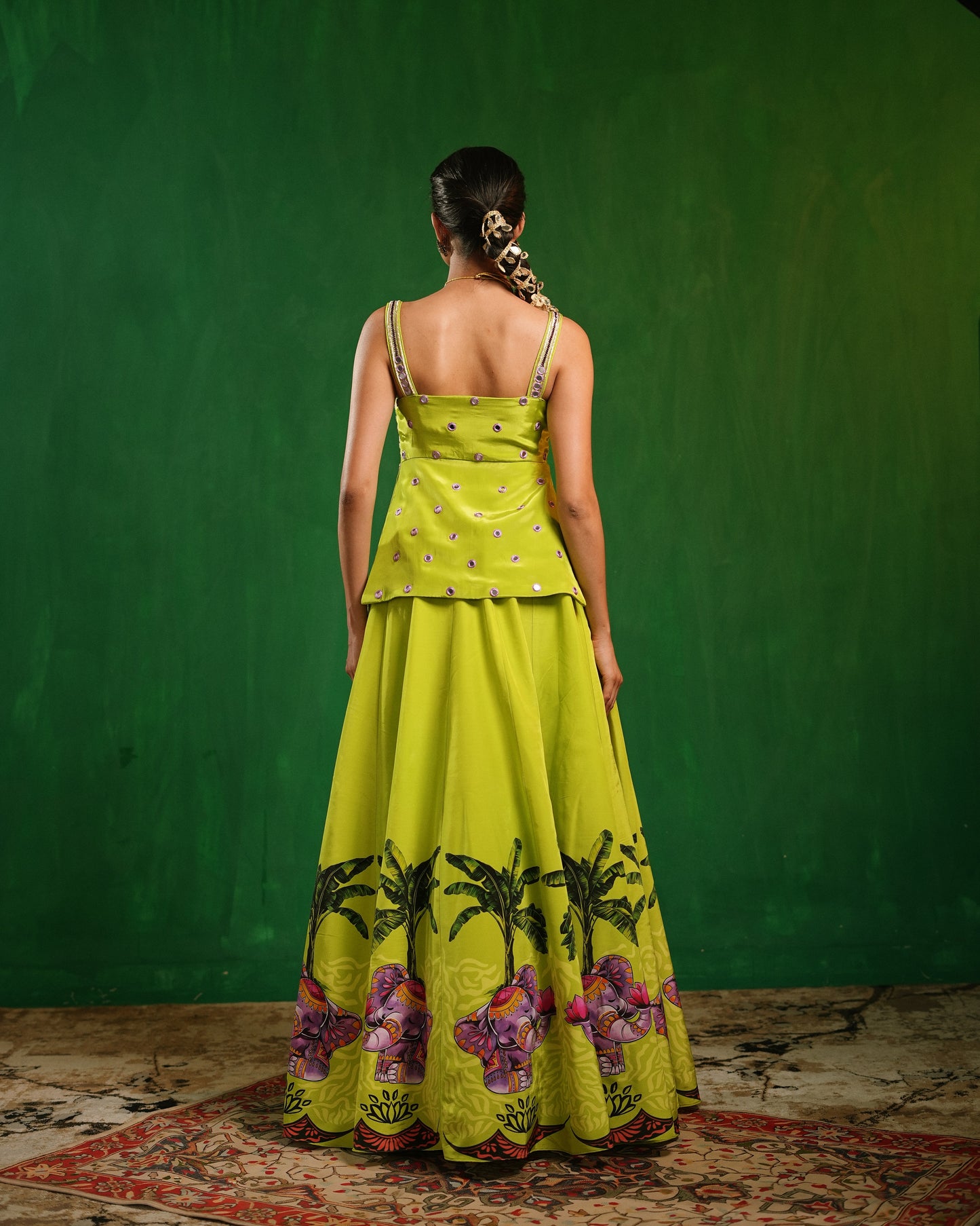 Green Purple Elephant Printed Indo Lehenga Set (Set of 2)