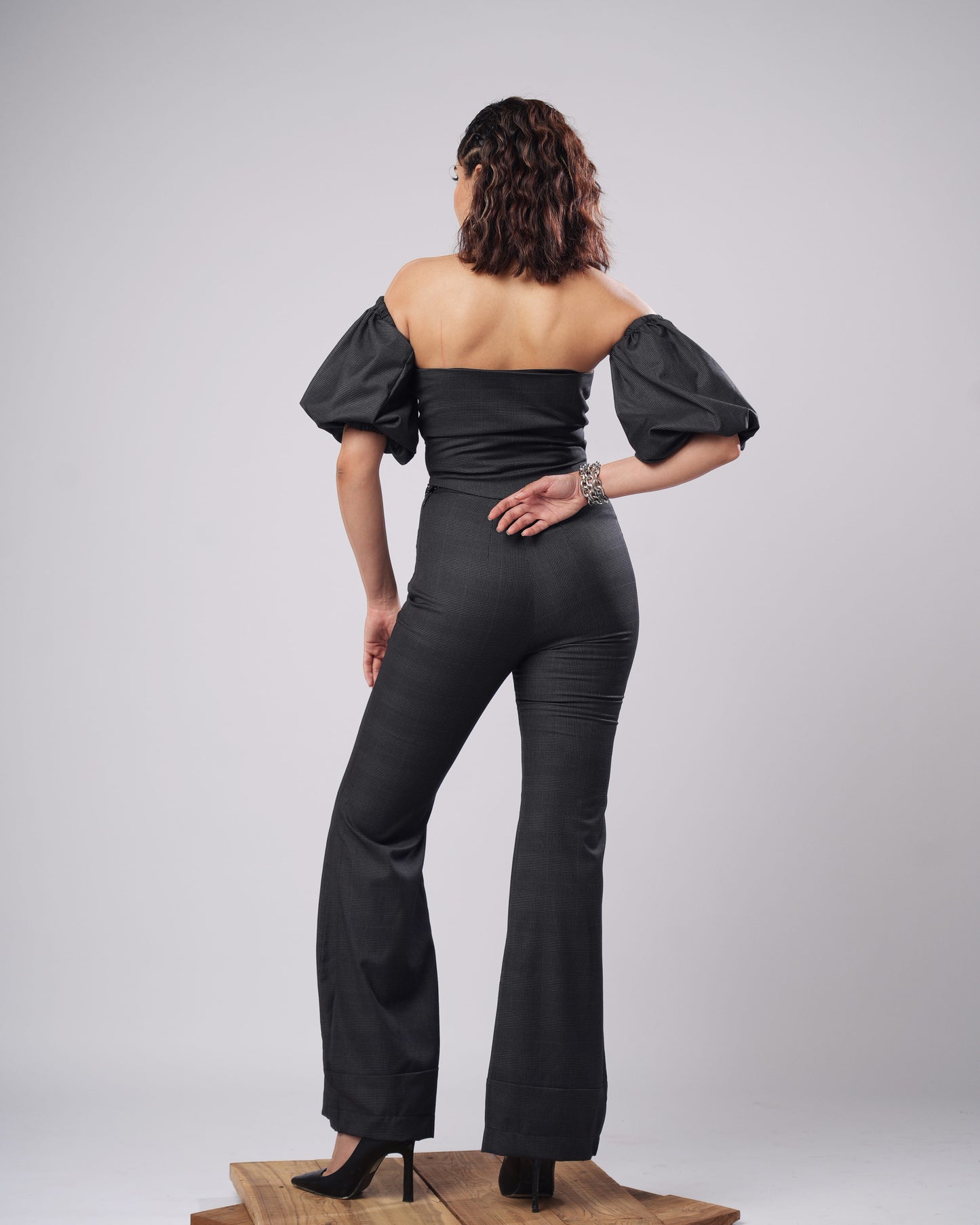 Heidi - Charcoal Check Corset Top With Puff Sleeves & Flared Trousers (SET OF 4)