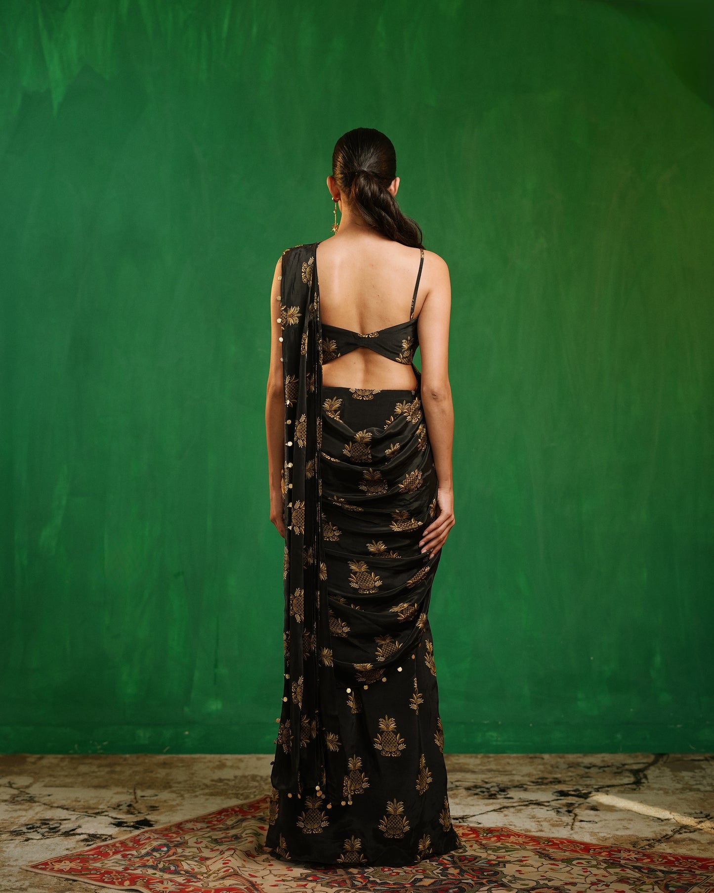 Pineapple Print Pre-Drape Saree With Statement Organza Poncho Set (Set of 3)