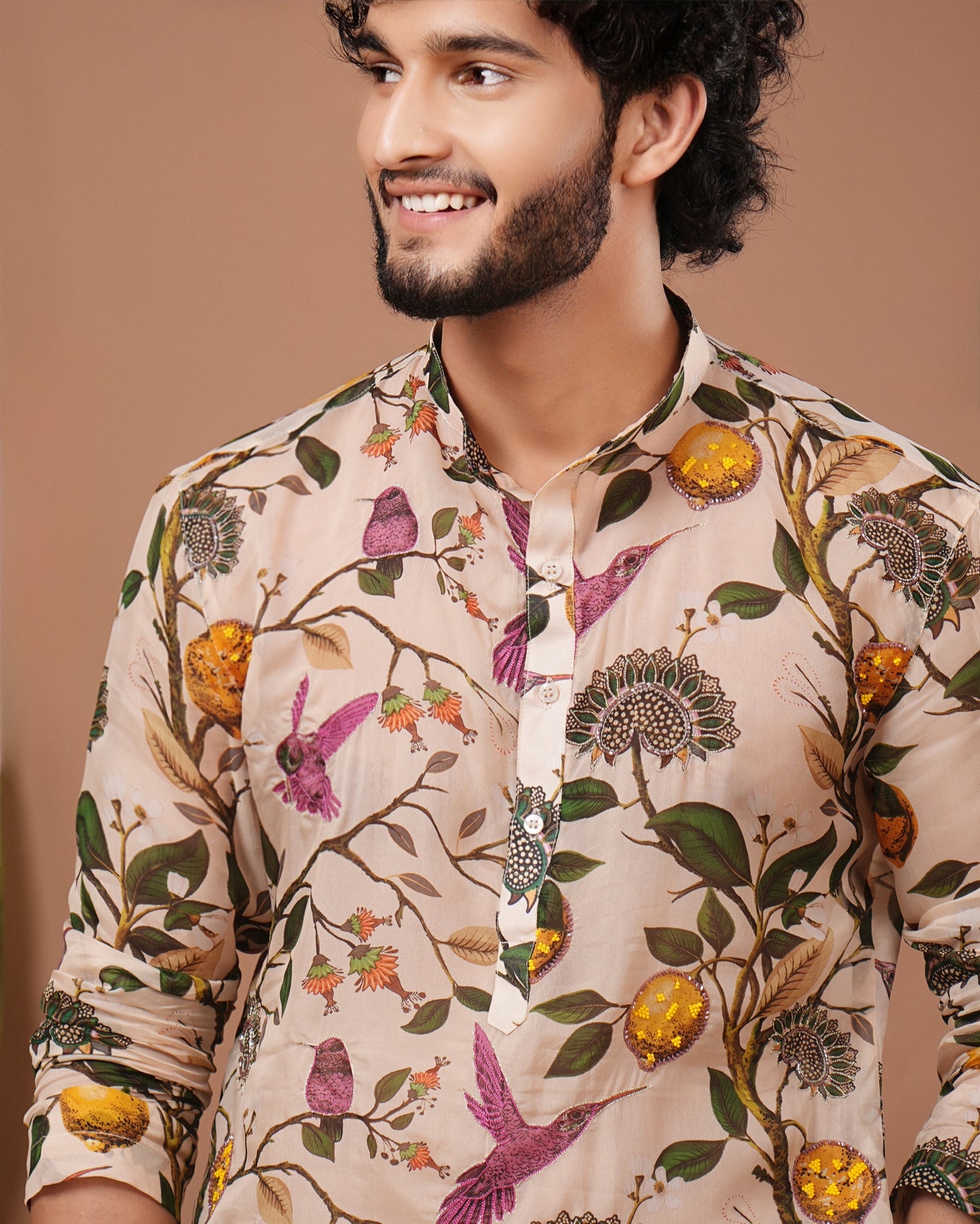 Cream Lemon Printed Organza Kurta + Pant Set (Set of 2)
