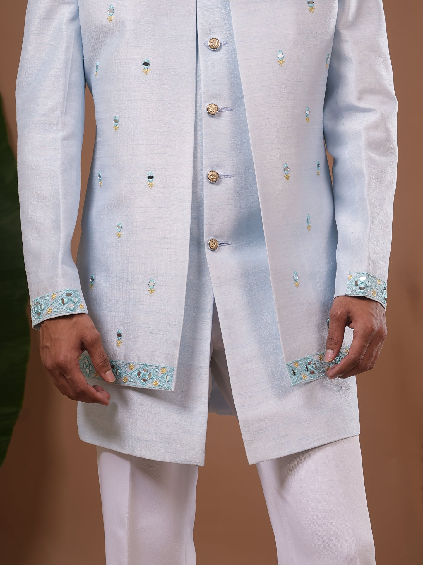 Sky Blue Open Jacket + Jodhpuri Indo Set (Set of 3)