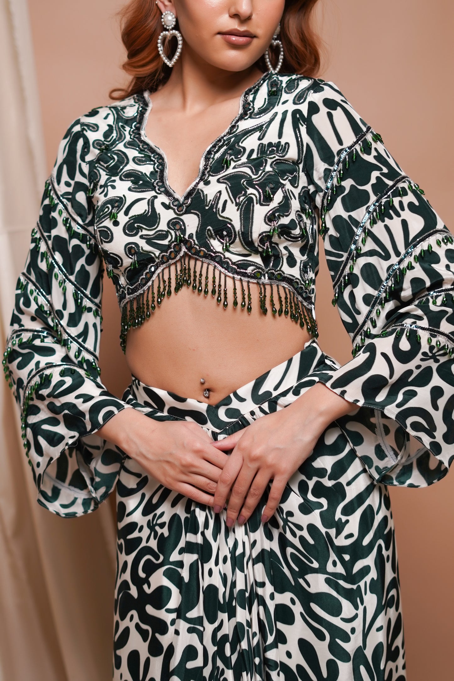 WHITE-GREEN DIGITAL PRINTED DRAPE SKIRT SET (SET OF 2)