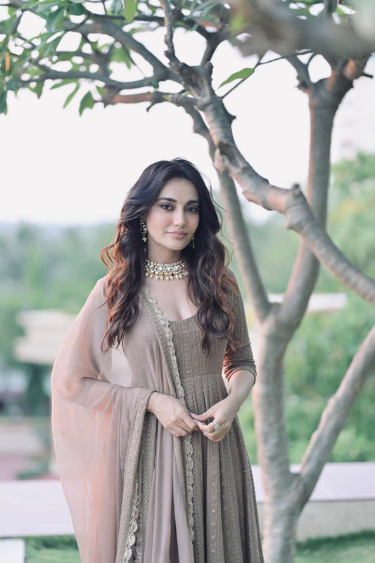 Golden chikankari Anarkali Suit Set (SET OF 3)