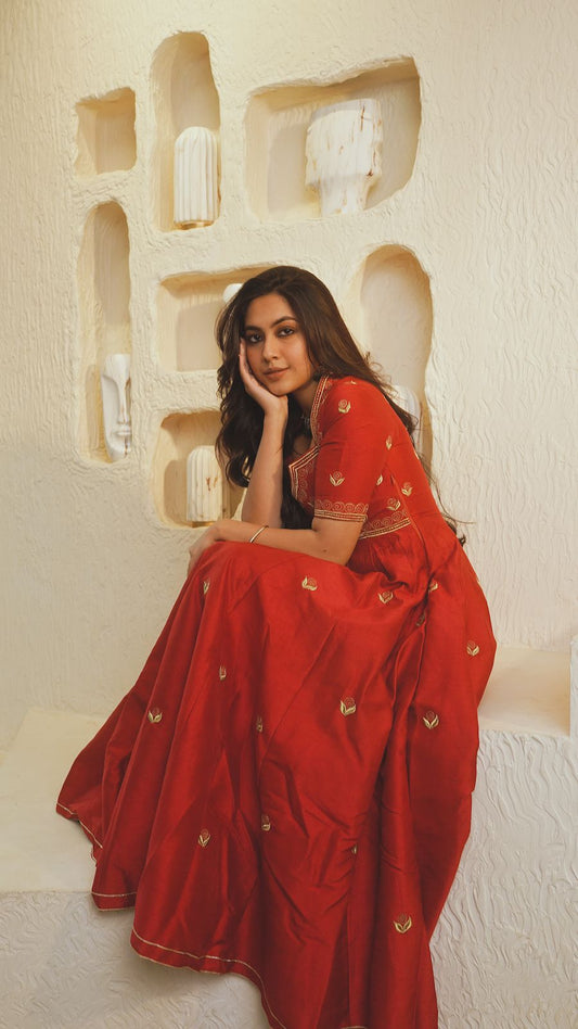 RED SILK EMBROIDERED ANARKALI SET (SET OF 3)