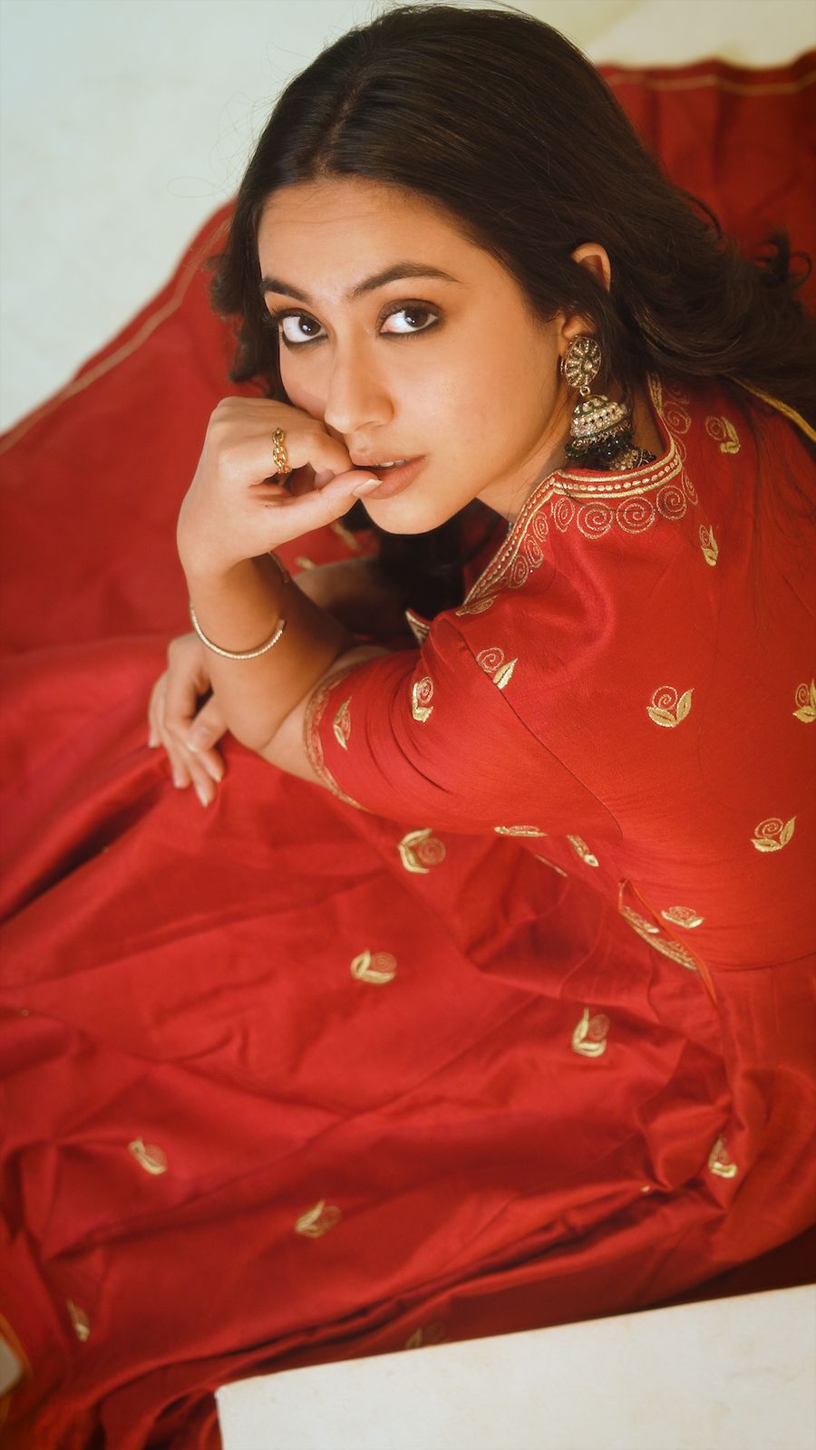 RED SILK EMBROIDERED ANARKALI SET (SET OF 3)