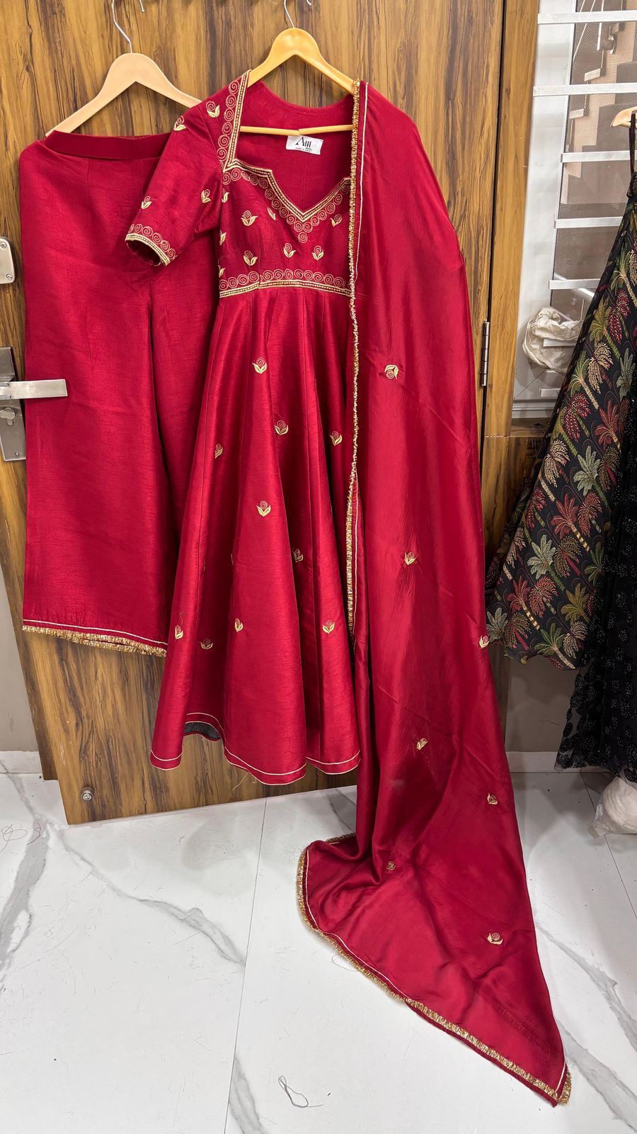 RED SILK EMBROIDERED ANARKALI SET (SET OF 3)