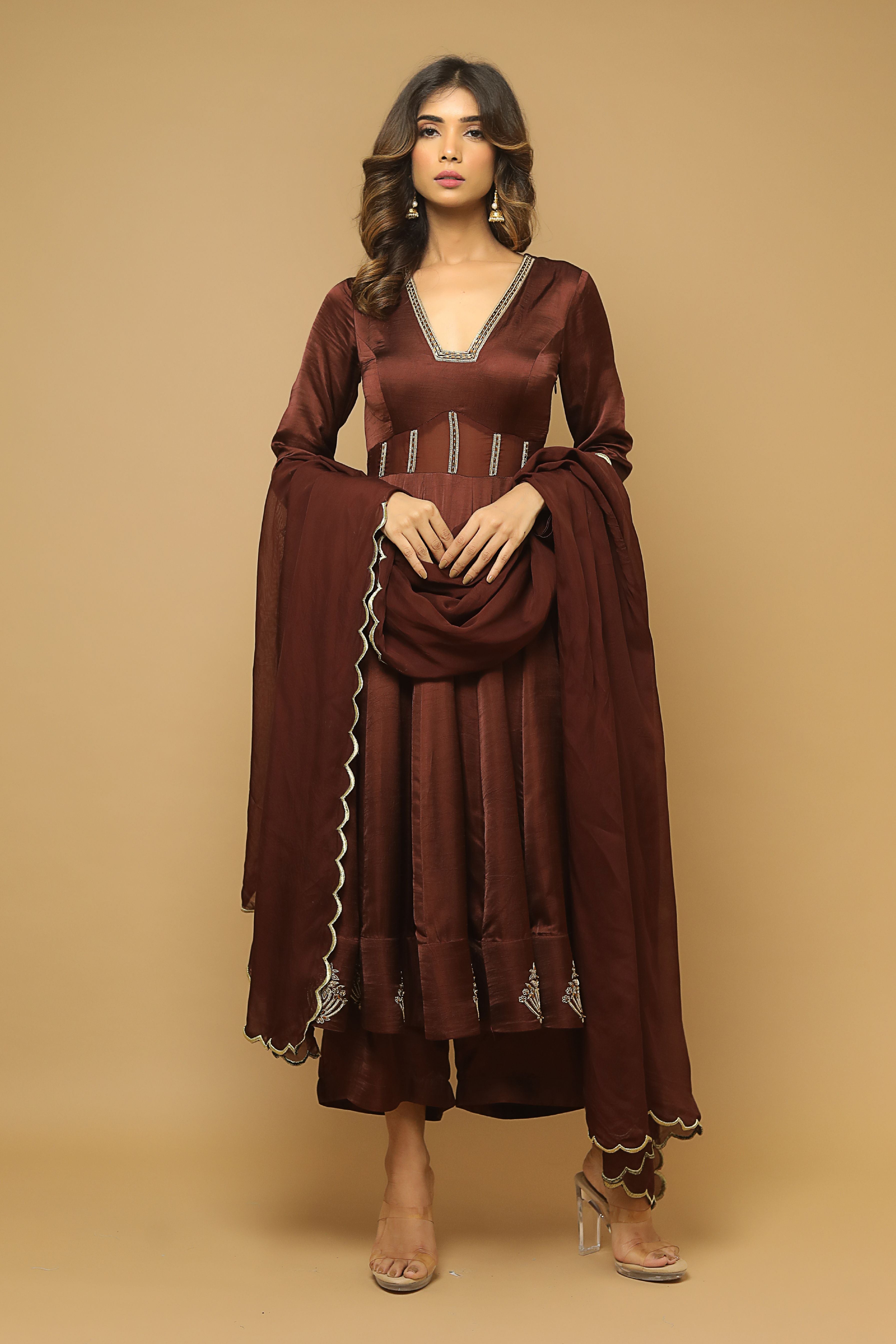 Brown Anarkali Satin Suit Set (Set Of 3) ahiclothing Brown Anarkali Satin Suit Set (Set Of 3) ahiclothing