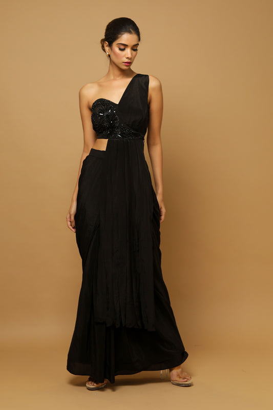 Black Two Piece Indo Saree (Set Of 2)