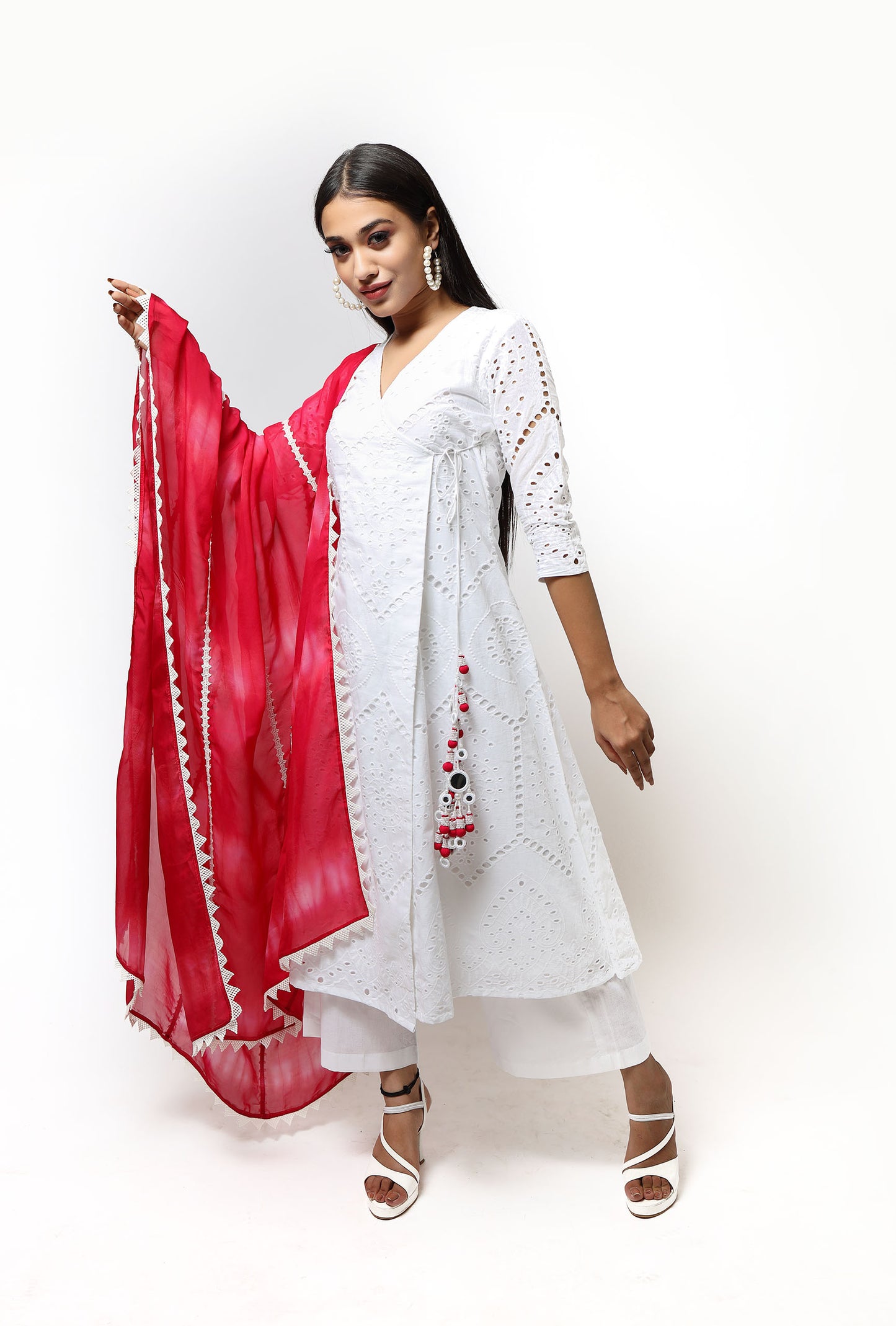 White Cutwork A-Line Angrakha Kurta Set With Tie-Dye Dupatta (Set Of 3)