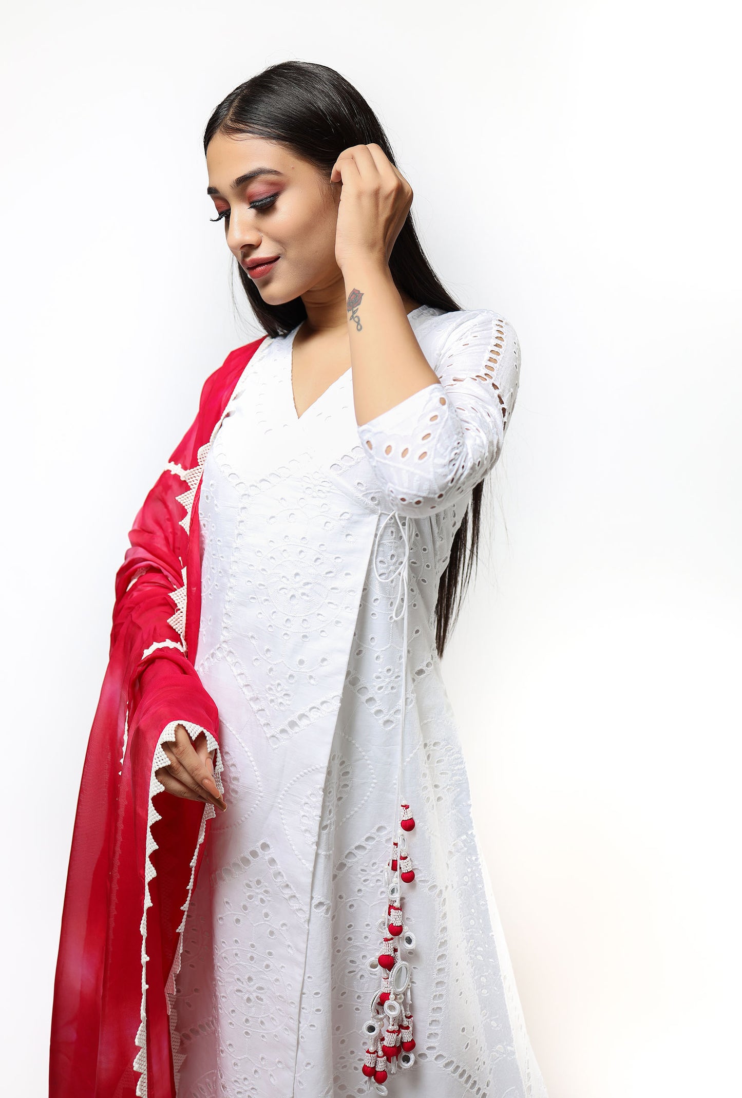 White Cutwork A-Line Angrakha Kurta Set With Tie-Dye Dupatta (Set Of 3)