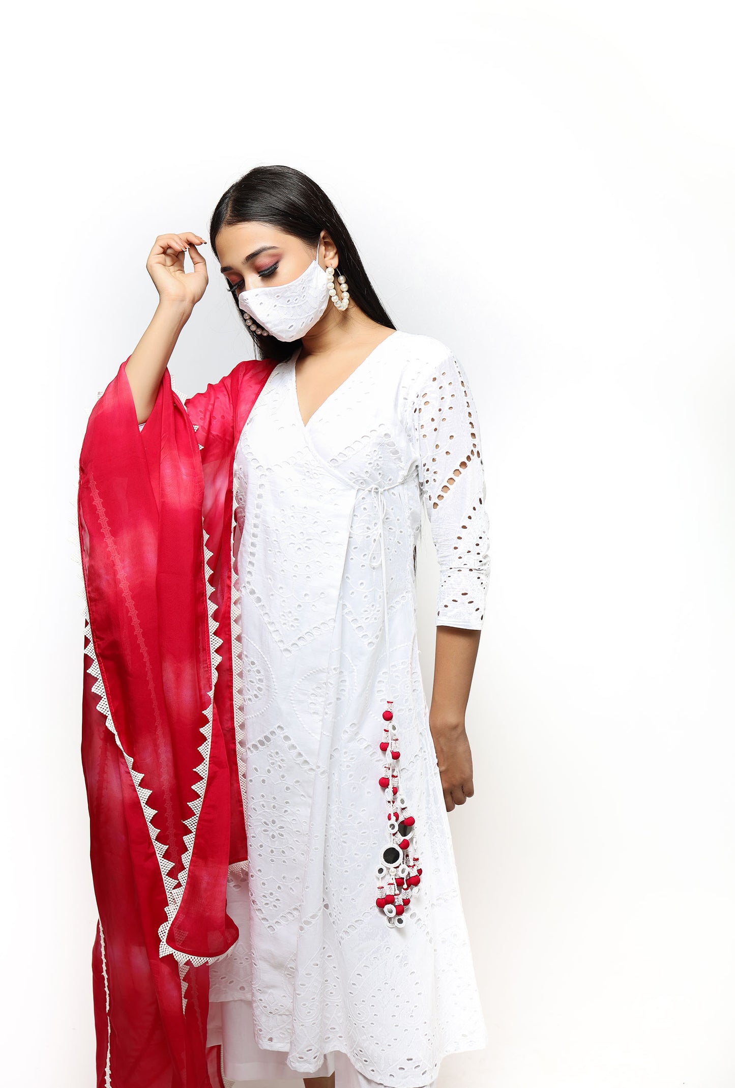 White Cutwork A-Line Angrakha Kurta Set With Tie-Dye Dupatta (Set Of 3)