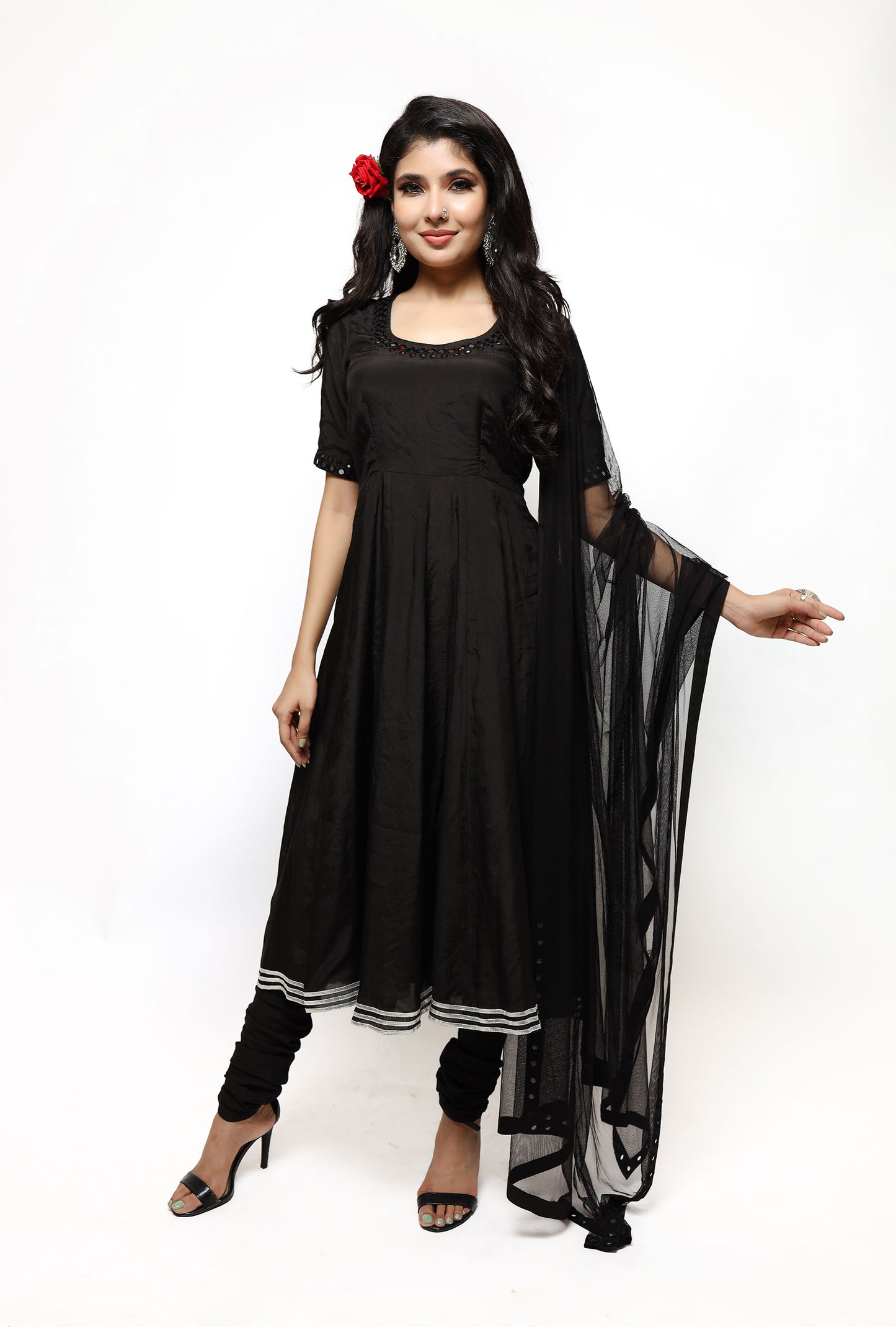 Black Kali Kurta Set With Dupatta (Set Of 3)