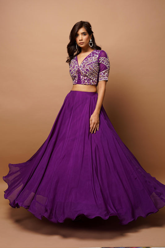 dark purple organza indo lehenga set Image2