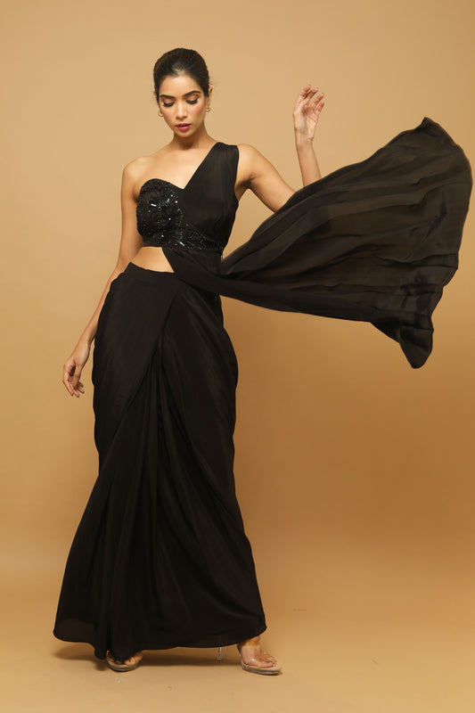 Black Two Piece Indo Saree (Set Of 2)