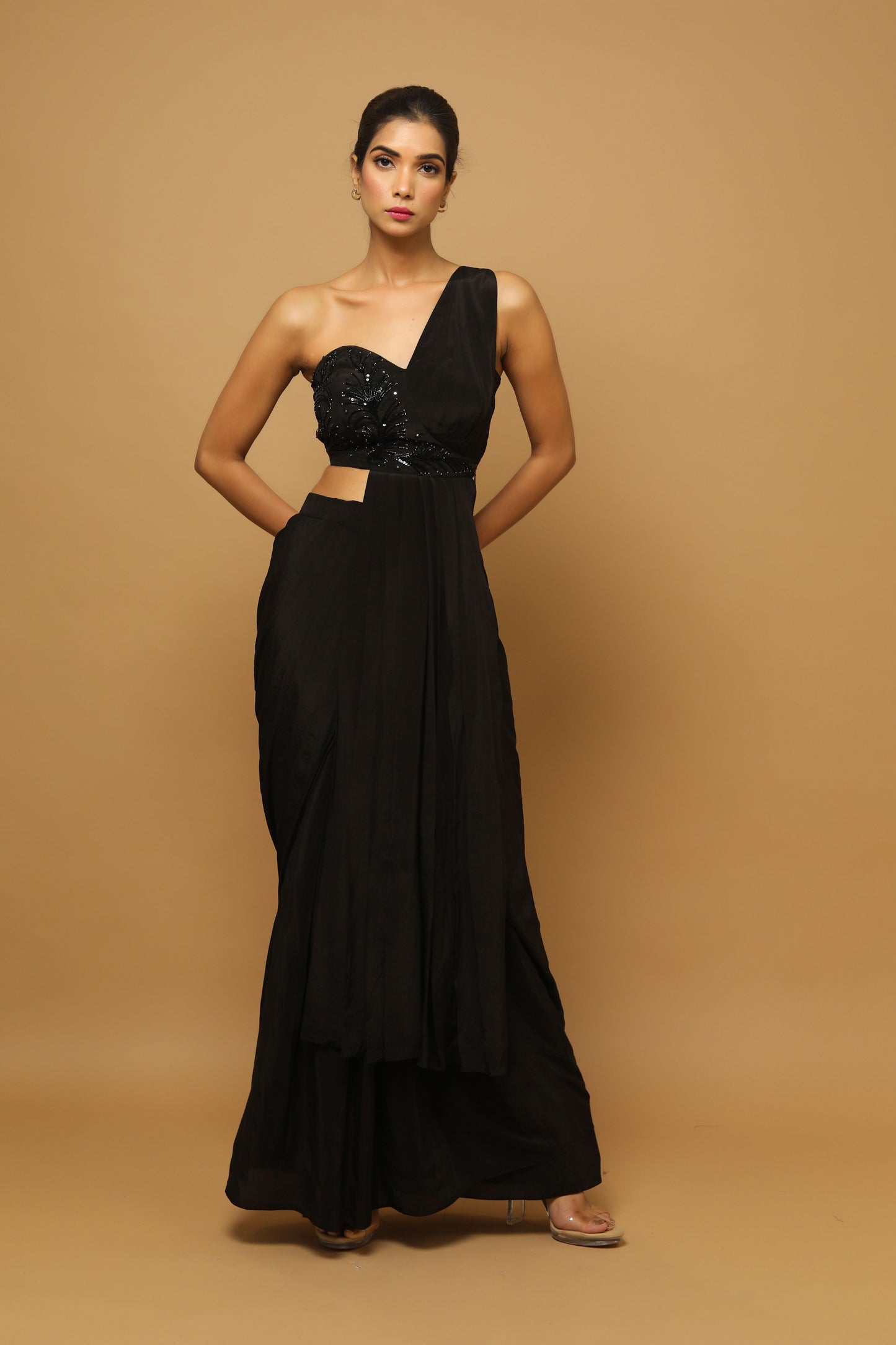 Black Two Piece Indo Saree (Set Of 2)