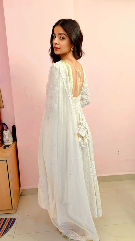 White Chikankari Anarkali Set image2