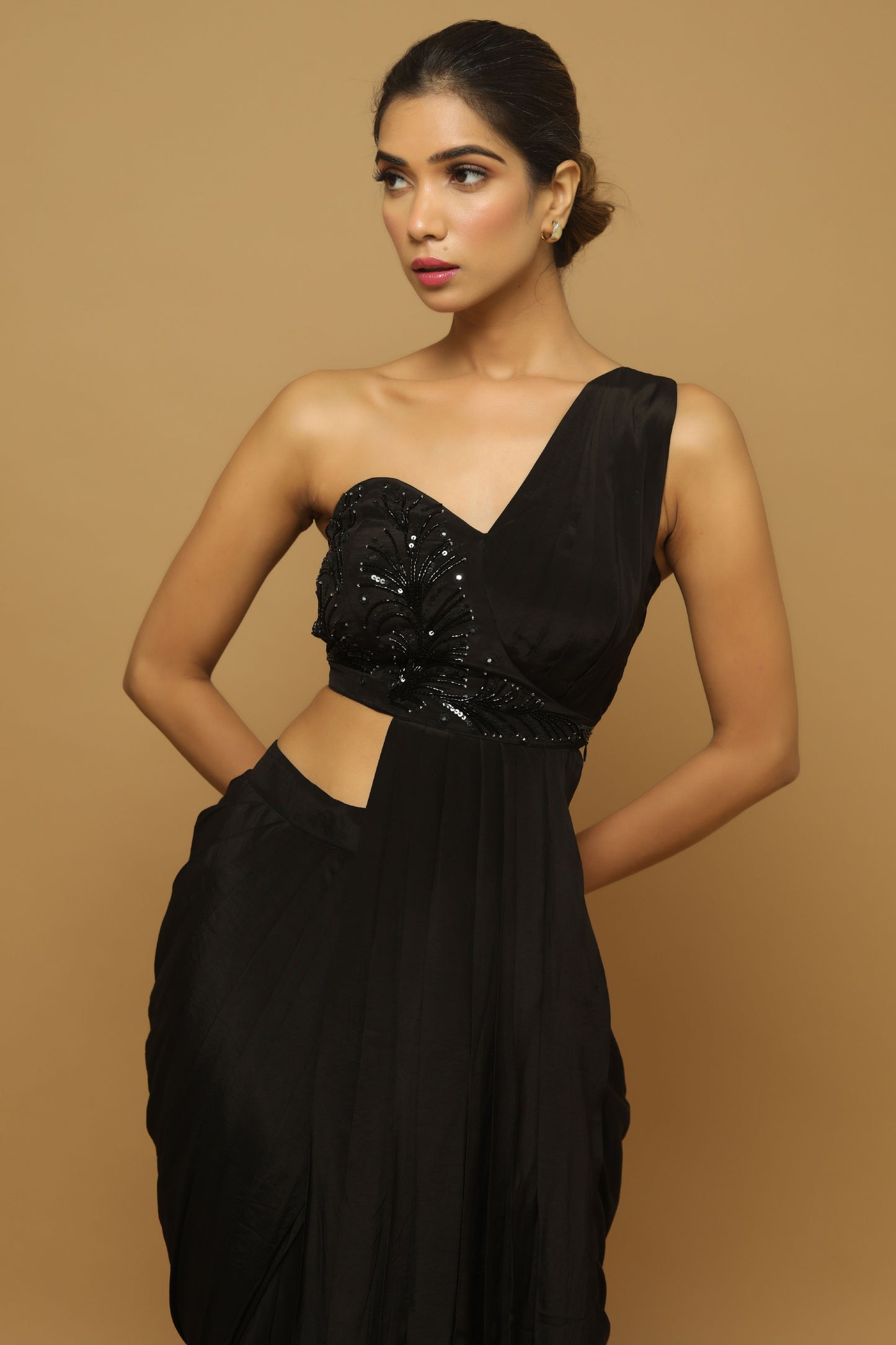 Black Two Piece Indo Saree (Set Of 2)