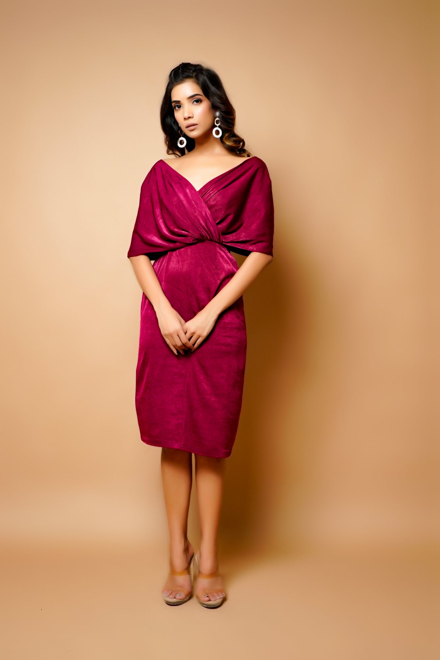 Magenta Velvet Wrap Neck Midi