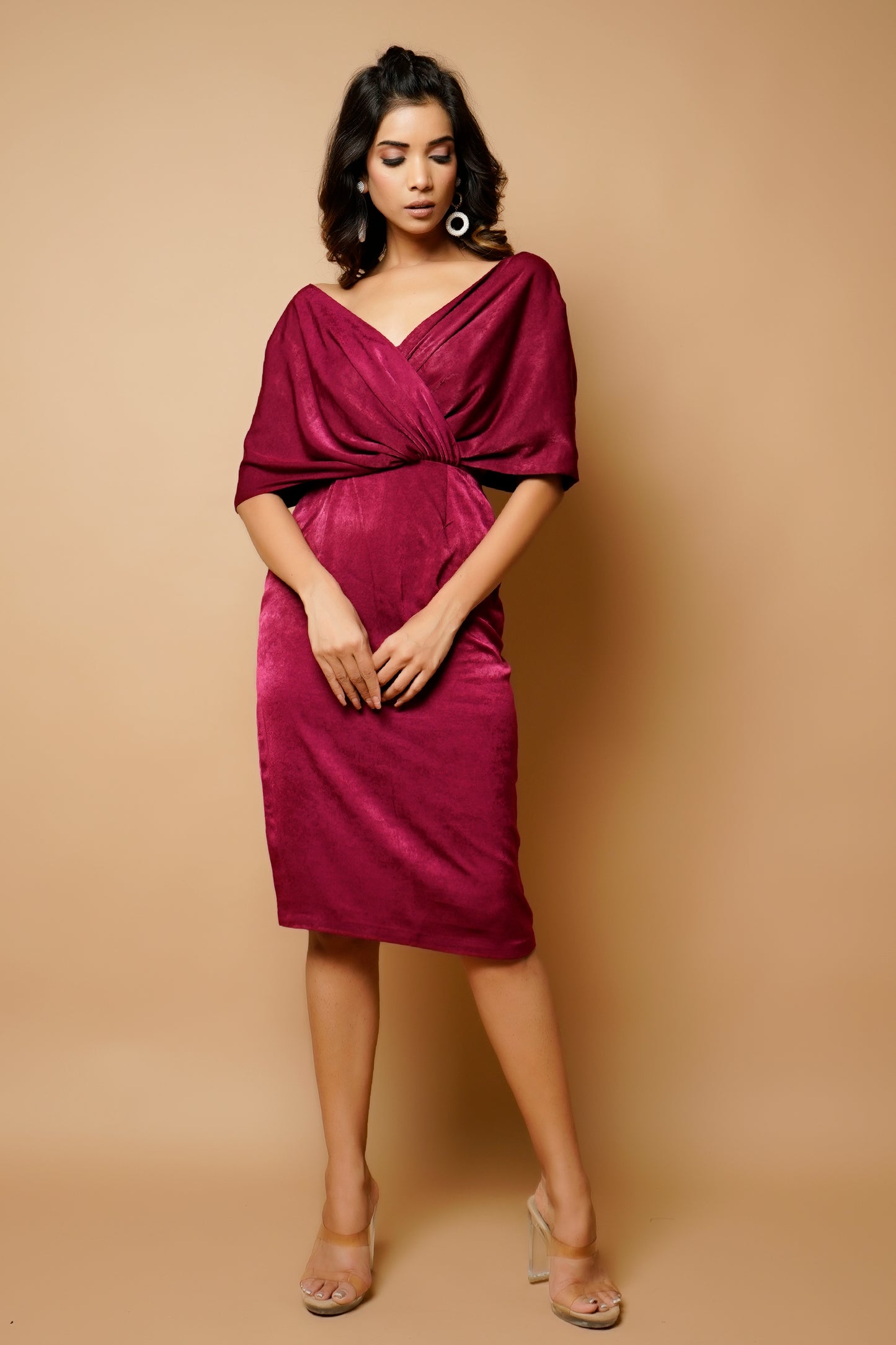 Magenta Velvet Wrap Neck Midi
