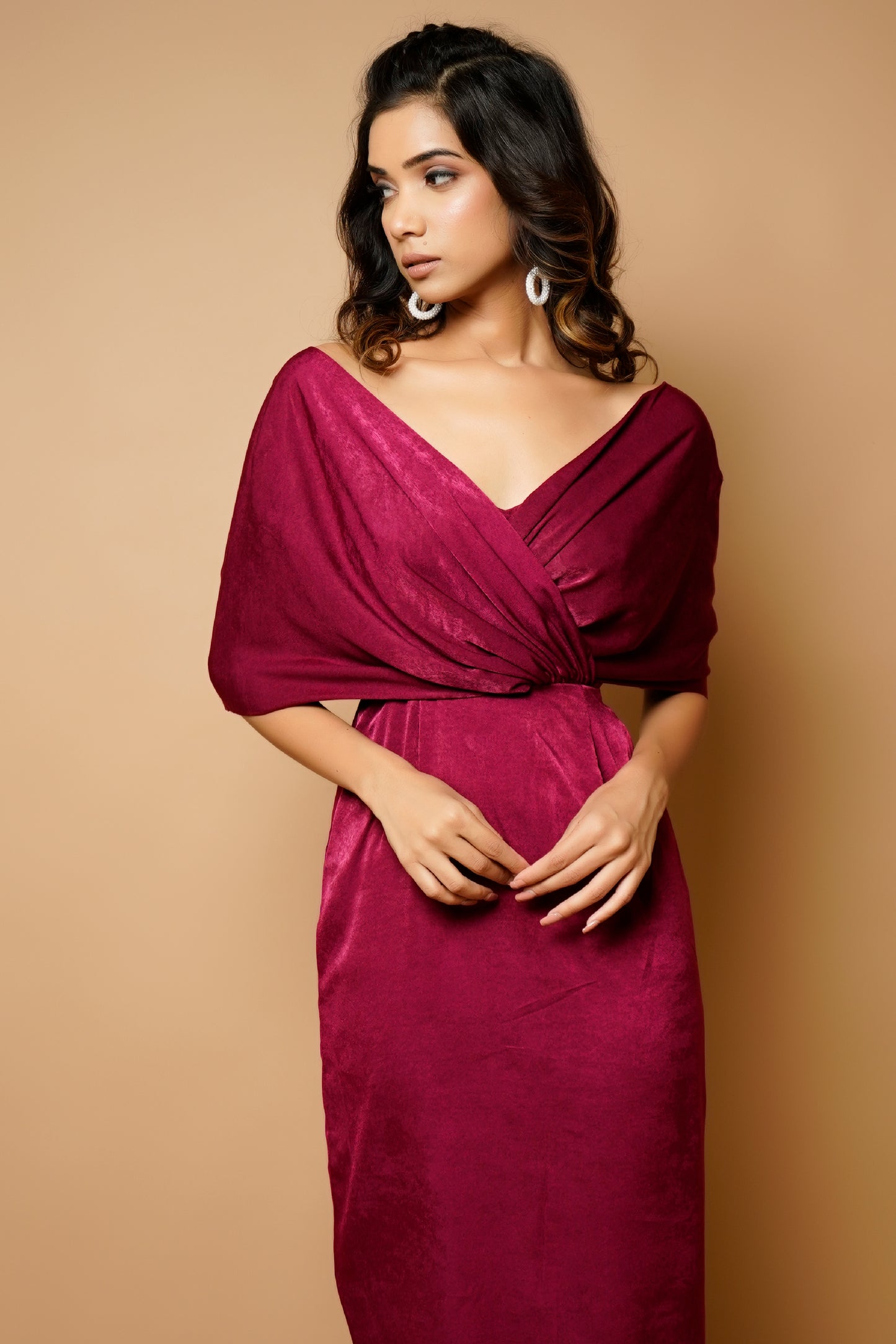 Magenta Velvet Wrap Neck Midi