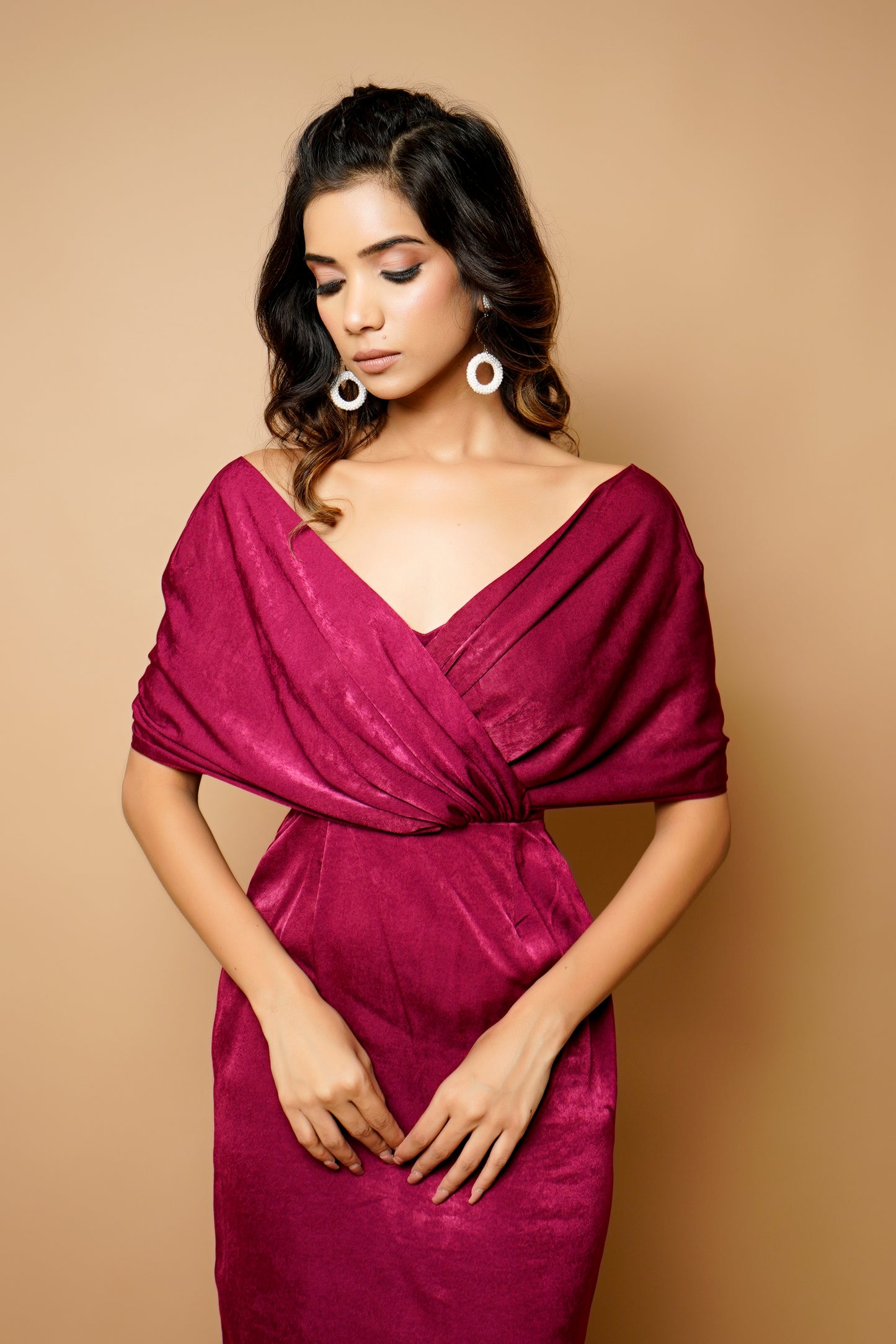 Magenta Velvet Wrap Neck Midi