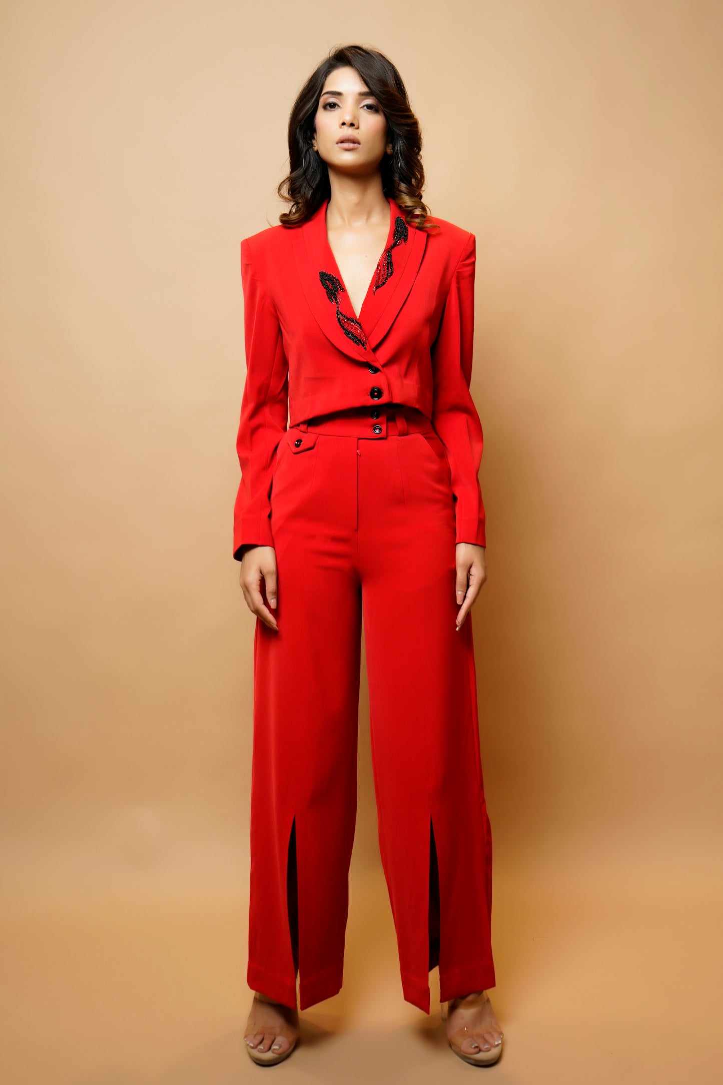 Hot Red Short Coat And Pant