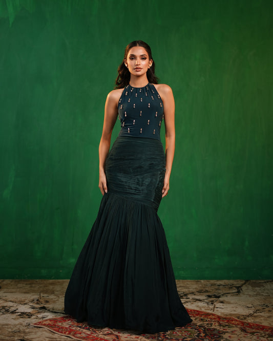 Midnight Green Halterneck Bodysuit With Drape Mermaid Skirt Set  (Set of 2)