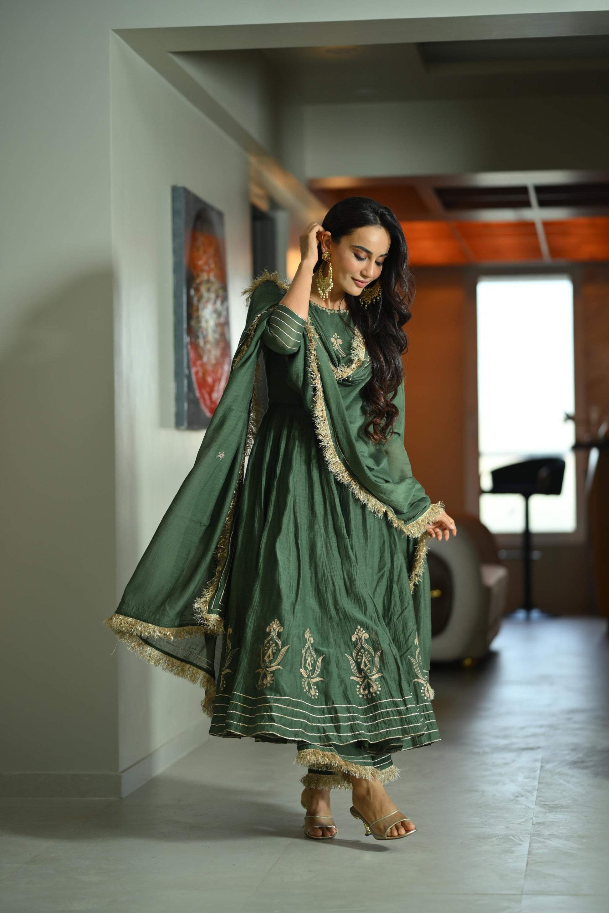 Mehendi Green Chanderi Silk Anarkali Suit Set (Set of 3) ahiclothing Mehendi Green Chanderi Silk Anarkali Suit Set (Set of 3) ahiclothing