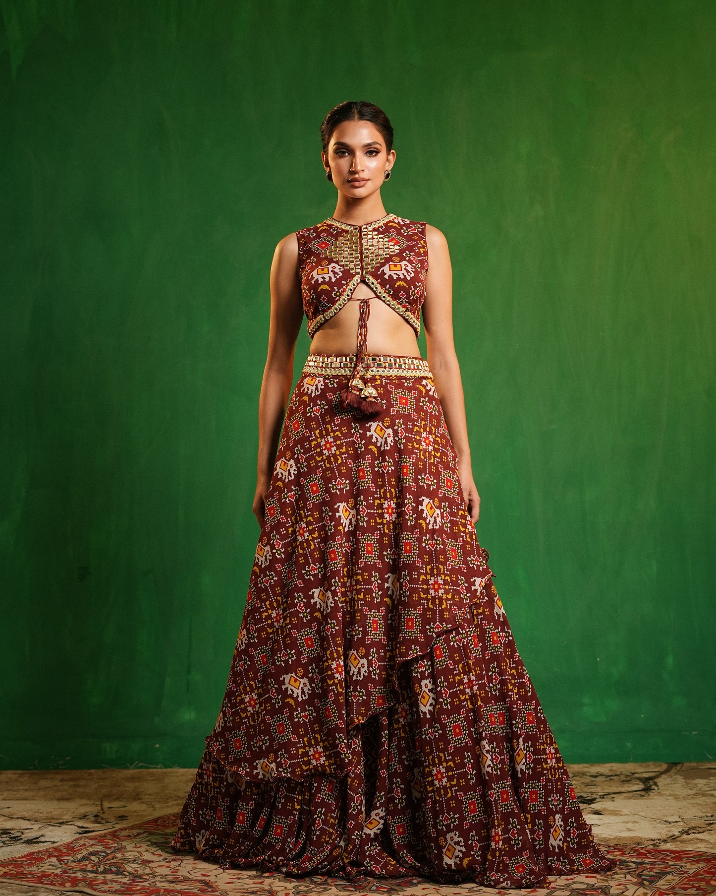 Maroon Patola Printed Indo Lehenga Set (Set of 2)