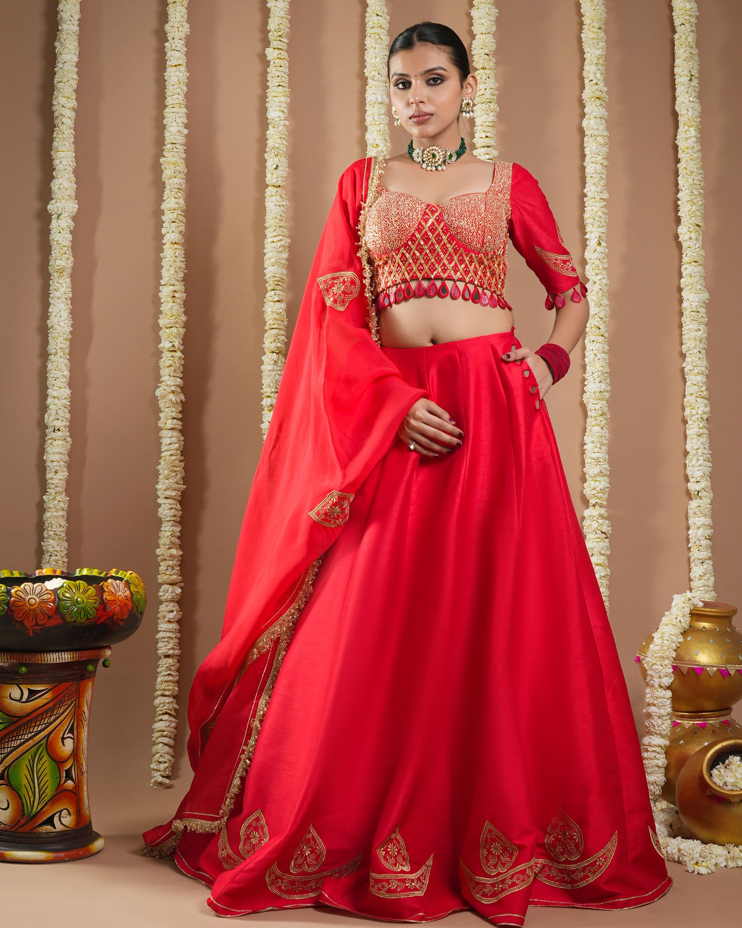 Chilli Red Heavy Silk Lehenga Set (Set Of 3)